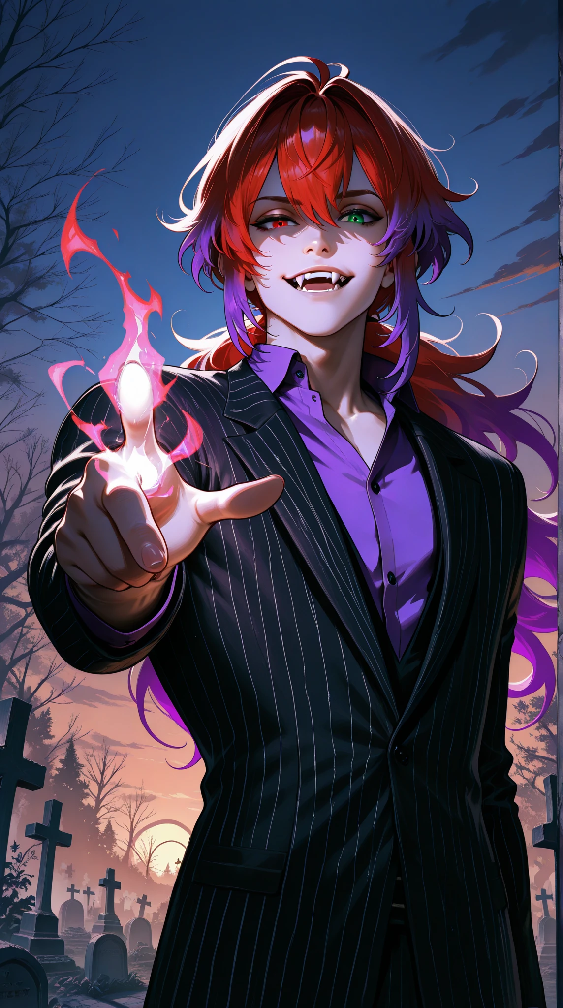 (masterpiece), best quality, expressive eyes, perfect face, 1boy, male focus, solo focus, Diluc Ragnivindr, red eyes, heterochromia, green eyes, eyebrow raised, holographic eyes, multicolored hair, red hair, gradient hair, green hair, purple hair, streaked hair,  long hair, striped suit, Black suit, white suit, purple shirt, fangs, open mouth, outdoors, dusk, midnight, cemetery scene , relaxed, finger pointing, magic, fire magic, looking at viewer, smirk , fire, post apocalyptic, halloween,  Beetlejuice inspired theme, cinematic angle, cinematic lighting, Rembrandt lighting, backlit, glowing