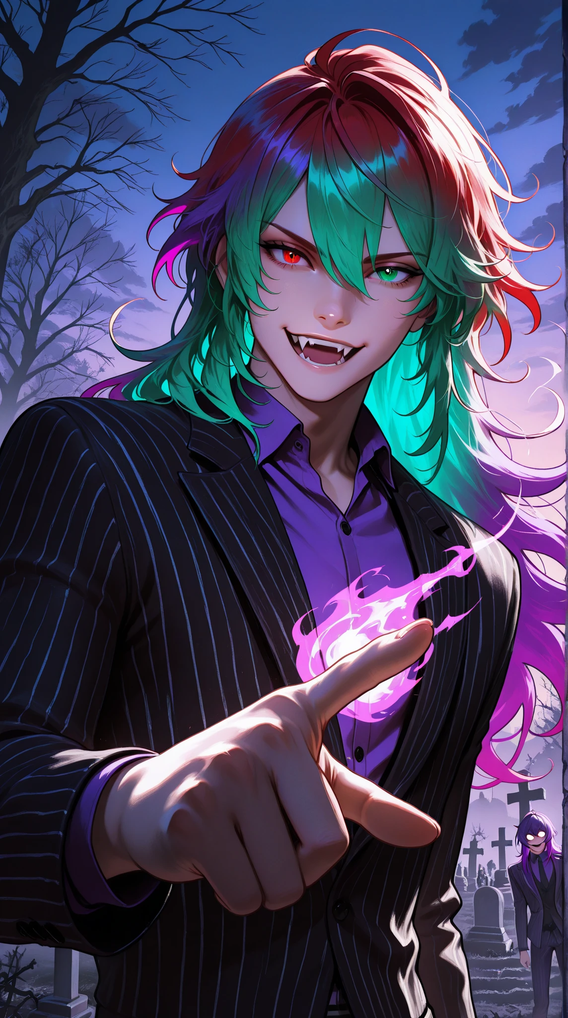 (masterpiece), best quality, expressive eyes, perfect face, 1boy, male focus, solo focus, Diluc Ragnivindr, red eyes, heterochromia, green eyes, eyebrow raised, holographic eyes, multicolored hair, red hair, gradient hair, green hair, purple hair, streaked hair,  long hair, striped suit, Black suit, white suit, purple shirt, fangs, open mouth, outdoors, dusk, midnight, cemetery scene , relaxed, finger pointing, magic, fire magic, looking at viewer, smirk , fire, post apocalyptic, halloween,  Beetlejuice inspired theme, cinematic angle, cinematic lighting, Rembrandt lighting, backlit, glowing