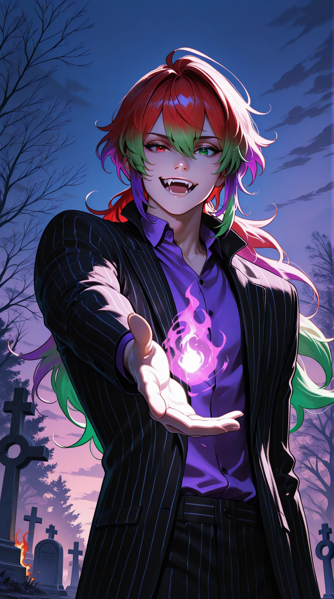 (masterpiece), best quality, expressive eyes, perfect face, 1boy, male focus, solo focus, Diluc Ragnivindr, red eyes, heterochromia, green eyes, eyebrow raised, holographic eyes, multicolored hair, red hair, gradient hair, green hair, purple hair, streaked hair,  long hair, striped suit, Black suit, white suit, purple shirt, fangs, open mouth, outdoors, dusk, midnight, cemetery scene , relaxed, finger pointing, magic, fire magic, looking at viewer, smirk , fire, post apocalyptic, halloween,  Beetlejuice inspired theme, cinematic angle, cinematic lighting, Rembrandt lighting, backlit, glowing