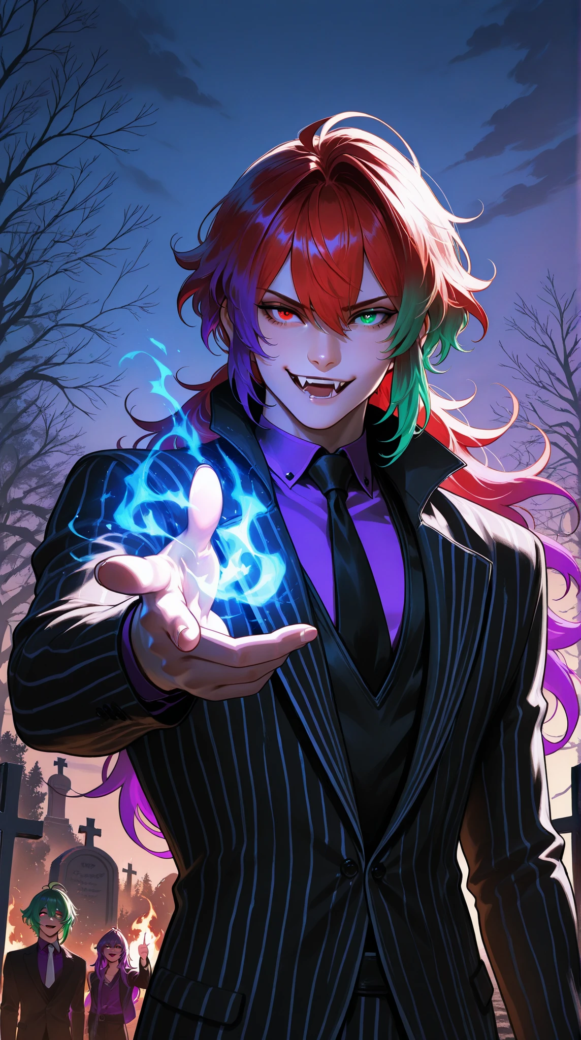 (masterpiece), best quality, expressive eyes, perfect face, 1boy, male focus, solo focus, Diluc Ragnivindr, red eyes, heterochromia, green eyes, eyebrow raised, holographic eyes, multicolored hair, red hair, gradient hair, green hair, purple hair, streaked hair,  long hair, striped suit, Black suit, white suit, purple shirt, fangs, open mouth, outdoors, dusk, midnight, cemetery scene , relaxed, finger pointing, magic, fire magic, looking at viewer, smirk , fire, post apocalyptic, halloween,  Beetlejuice inspired theme, cinematic angle, cinematic lighting, Rembrandt lighting, backlit, glowing