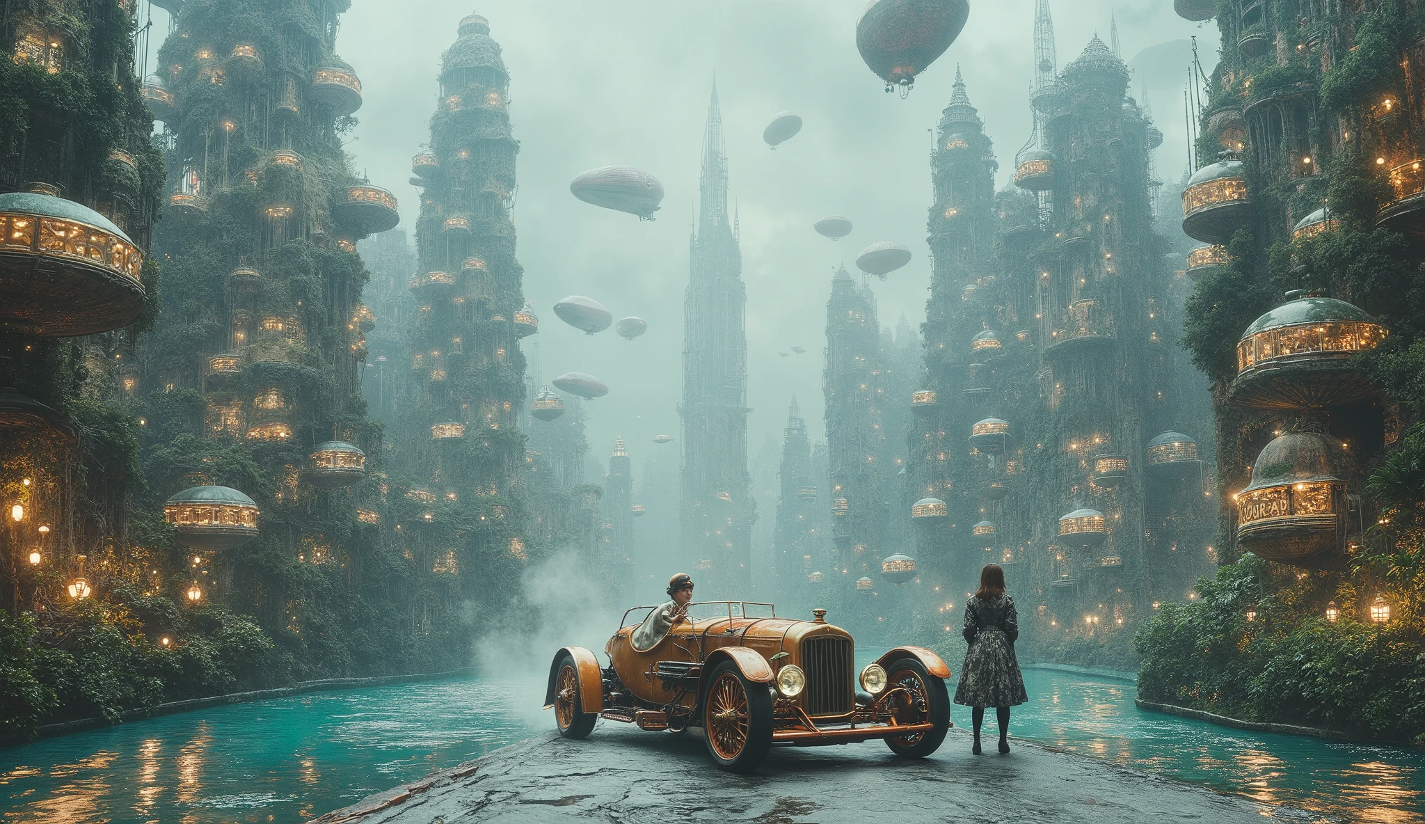 Ultra-smooth coherent movement , IMAX cinematic quality , hyper-detailed photorealism , extreme realism. majestic futuristic city extends endlessly, composed of organic skyscrapers covered in lush vegetation and turquoise rivers that wind between buildings. Suspended bridges connect the structures , and the sky is dotted with floating spheres and soft light . A beautiful and charming steampunk woman in front of a vintage steampunk car on a wet and misty steampunk racetrack (London, 1890) in the sky, Airships, Flying like ghostly figures in the clouds. The atmosphere combines mystery , retro-futuristic elegance , and technological harmony with nature . masterpiece. ultrarealistic, cinematic lighting, hyper-detailed, 8K, photorealistic.