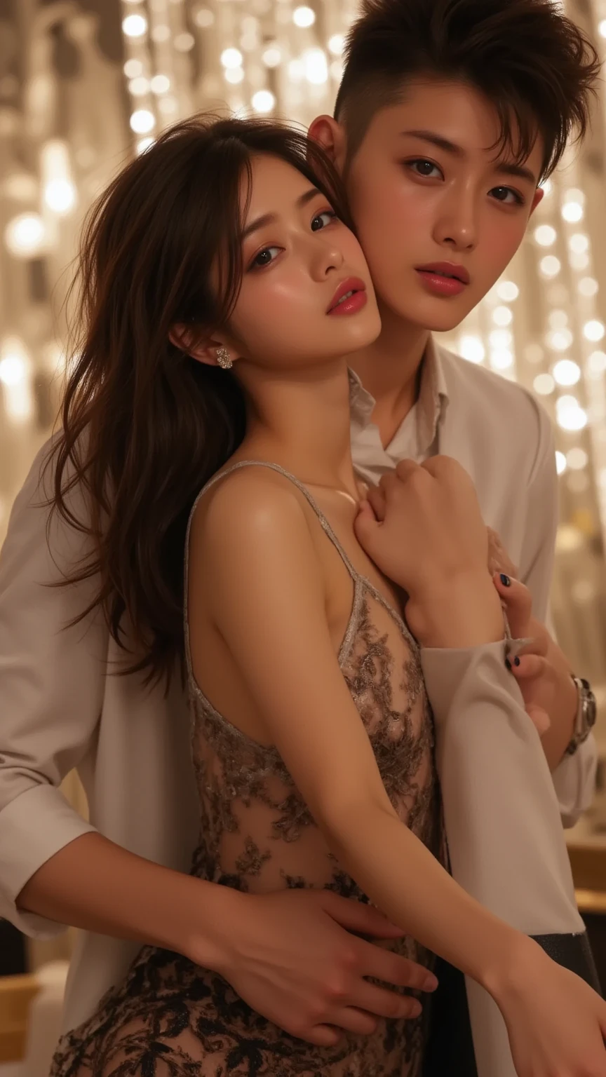 (top-quality、realistic、masterpiece:1.3)、二重まぶた、A detailed eye、完璧な姿の美しいfemele:1.4、male people1、femele1a person、(Office at night:1.5)、Man and woman having an affair、Young Office Lady、(Elderly boss man)、tiny chest、Night view in the window、