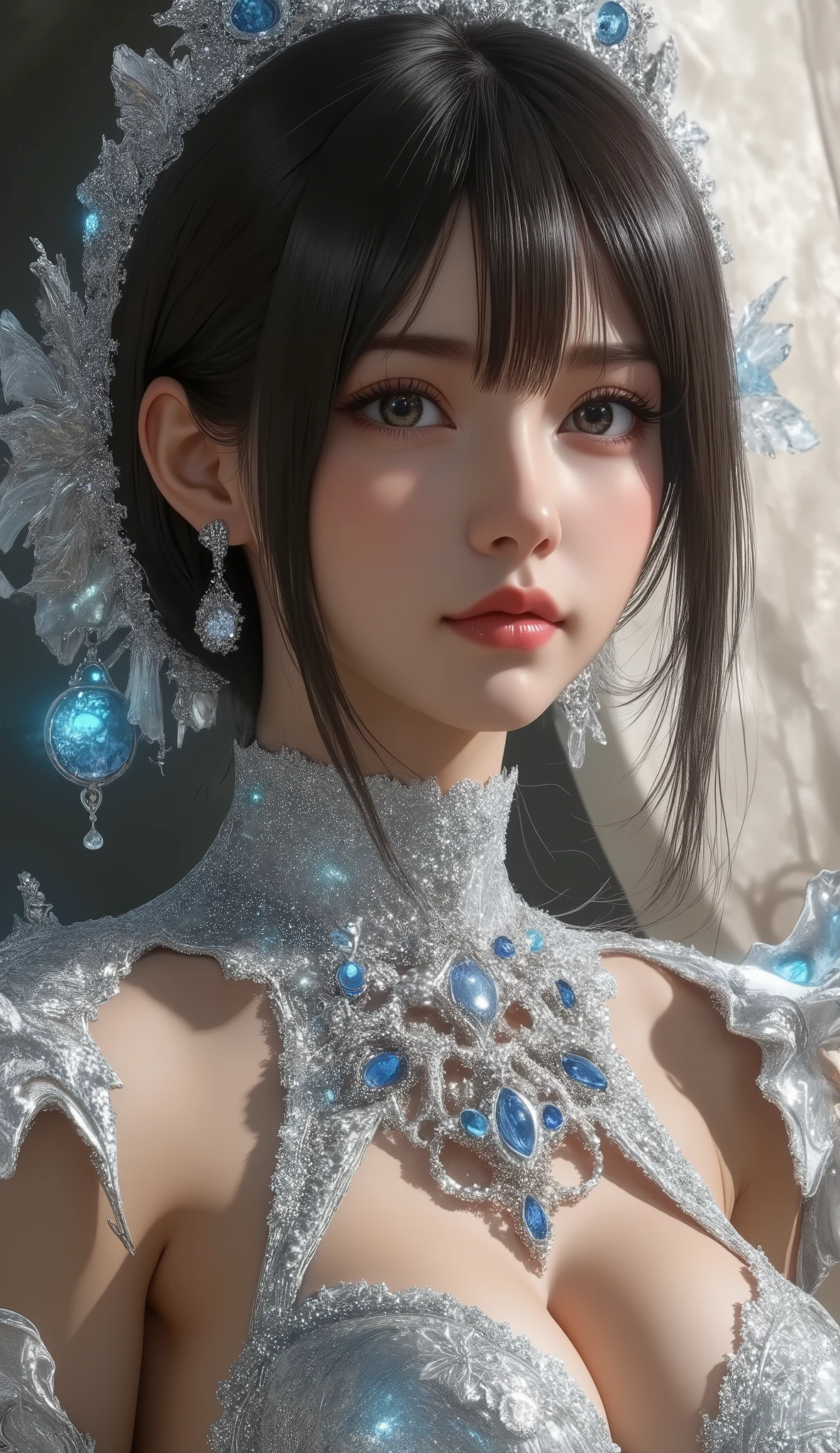 A very cute girl&#39;s body statue，lotus pose，Visual spectroscopy radio wave signals merged with organic fiber structures，Subsonic spectrum，Grey clay clusters，fibonacci fractals，Long flowing straight hair，Bangs：0.33，(Official Art, Beauty and aesthetics: 1.2), (Fractal Art: 1.3), White powder color scheme,