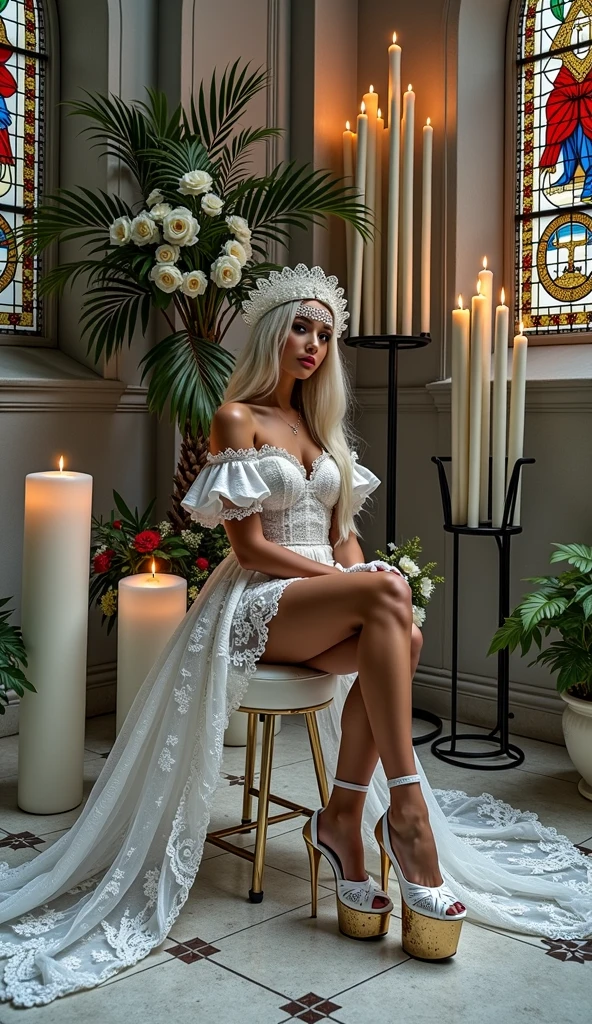 (masterpiece), (ultra high resolution), (extremely intricate), (exquisitely detailed), 1girl, (beautiful gorgeous arabic woman), (F1.4, 1/800s, ISO 100, photorealistic), looking_at_breasts and from above, Evil queen, homewrecker, white hair, crossed_legs, huge breasts, laugh512, pink eyeshadow makeup, pink lips, white wedding dress, thigh high stockings,(aroused_face:1.4)