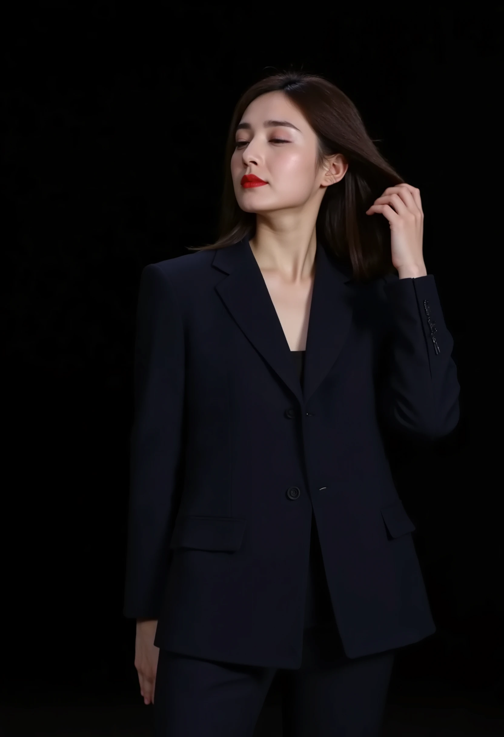 high definition professional photography stylem,natural skin texture.This photograph features a young Asian woman with a fair complexion and long, straight, dark brown hair. She has a slender physique and is dressed in a dark navy blue blazer with long sleeves. Her expression is one of calm introspection, with her eyes closed and her lips slightly parted, painted in a bold red lipstick. Her right hand gently touches her hair, which falls softly over her shoulder, while her left arm is slightly bent and rests by her side.
The background is a solid, deep black, which contrasts sharply with her attire and skin tone, making her the focal point of the image. The lighting is soft and even, highlighting the texture of her blazer and the smoothness of her skin. Her makeup is minimal, with a natural look that enhances her features without being overly dramatic. The photograph captures a moment of serene contemplation, emphasizing the subject's elegance and poise. The overall style is clean and sophisticated, with a focus on simplicity and the subject's emotional state.