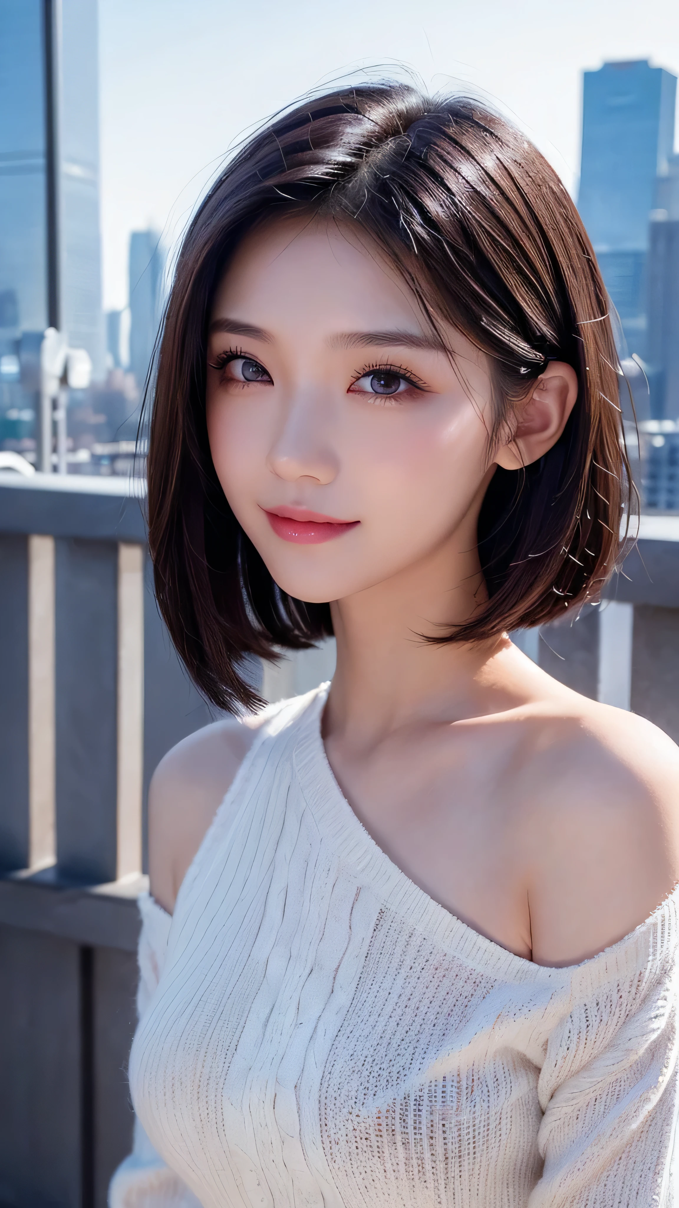 keqingdef, Upper body, Smile, blush, Outdoors, day, Simple background, Blue sky, Short hair, skyporn, temple, Looking at Viewer, stairs, mont, Moody lighting, face to the viewer,