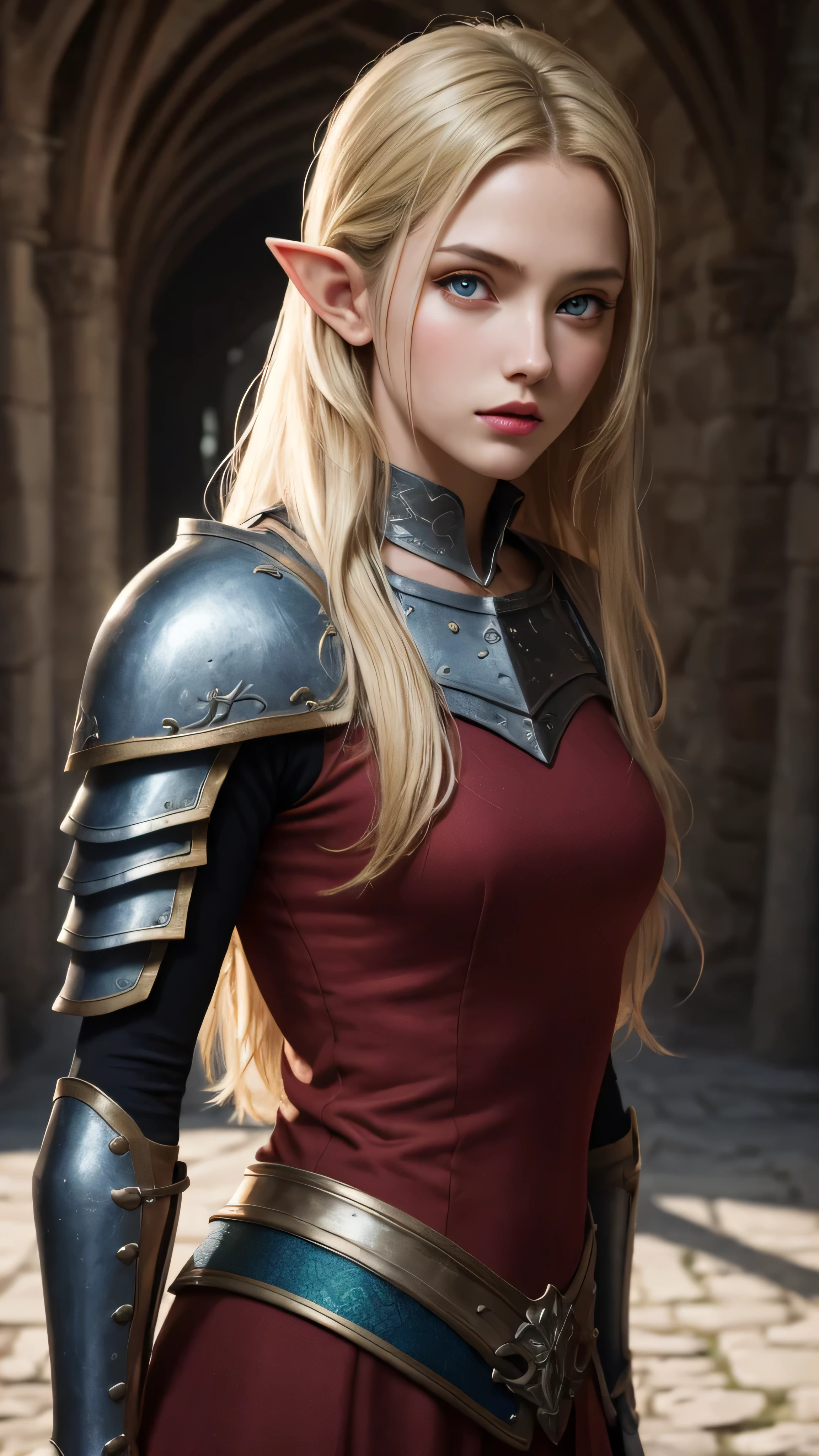 RAW, professional photograph, medium shot, photorealistic, hyper-realistic, ray tracing, super detail, UHD, 8k, female elf, twenty years old, athletic body, soft facial features, blonde hair, long hair, straight hair, green eyes, red lips, medieval-fantasy clothes, blue armor, touching her hair, medieval-fantasy town