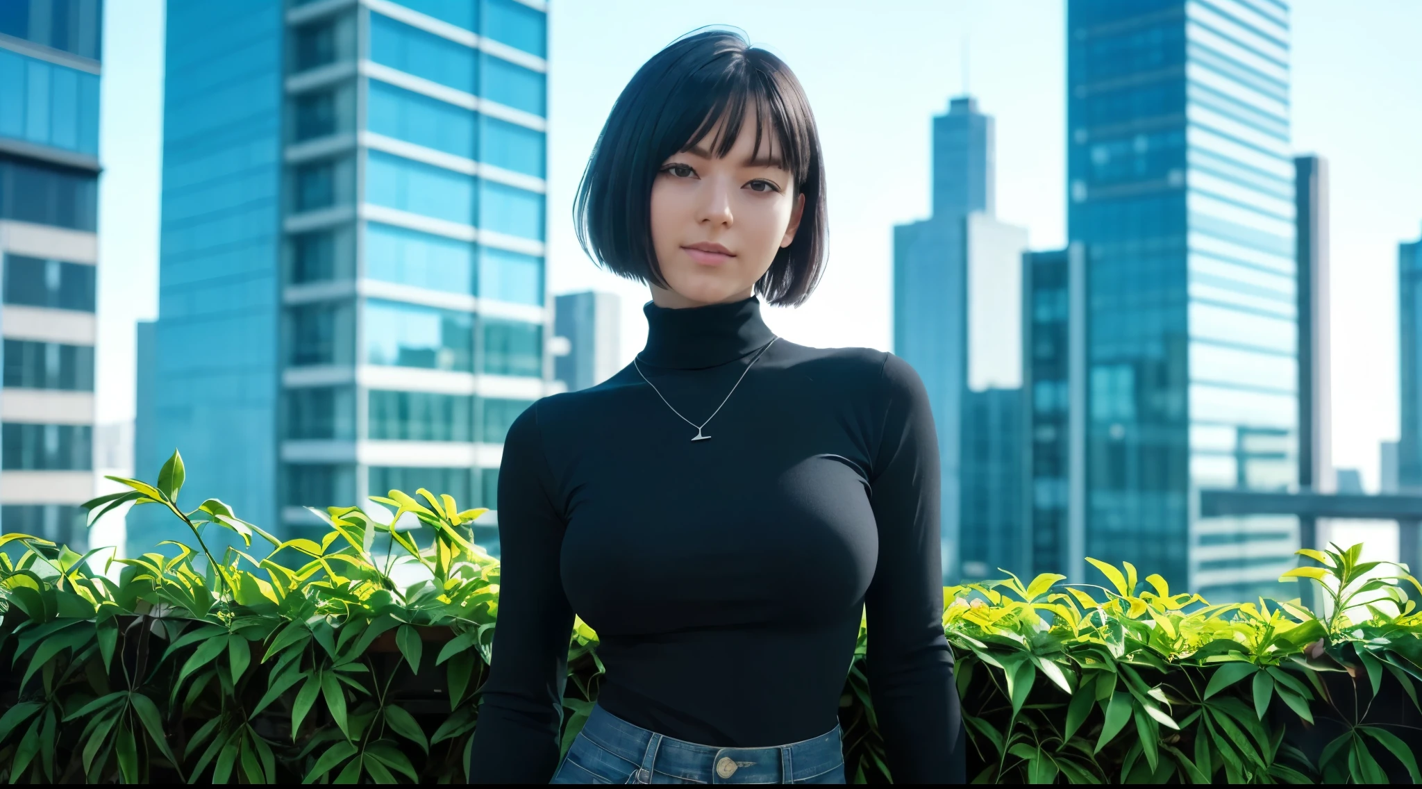 (best_quality, masterpiece:1.2), (highly detailed), (uhd, high_resolution, highres), girl, head tilt, (showing her body shape), black turtleneck shirt, sleek and simple, long sleeves, large breasts, flat short hair, black hair, looking at viewer, subtle necklace, city, greenery, glass building,
