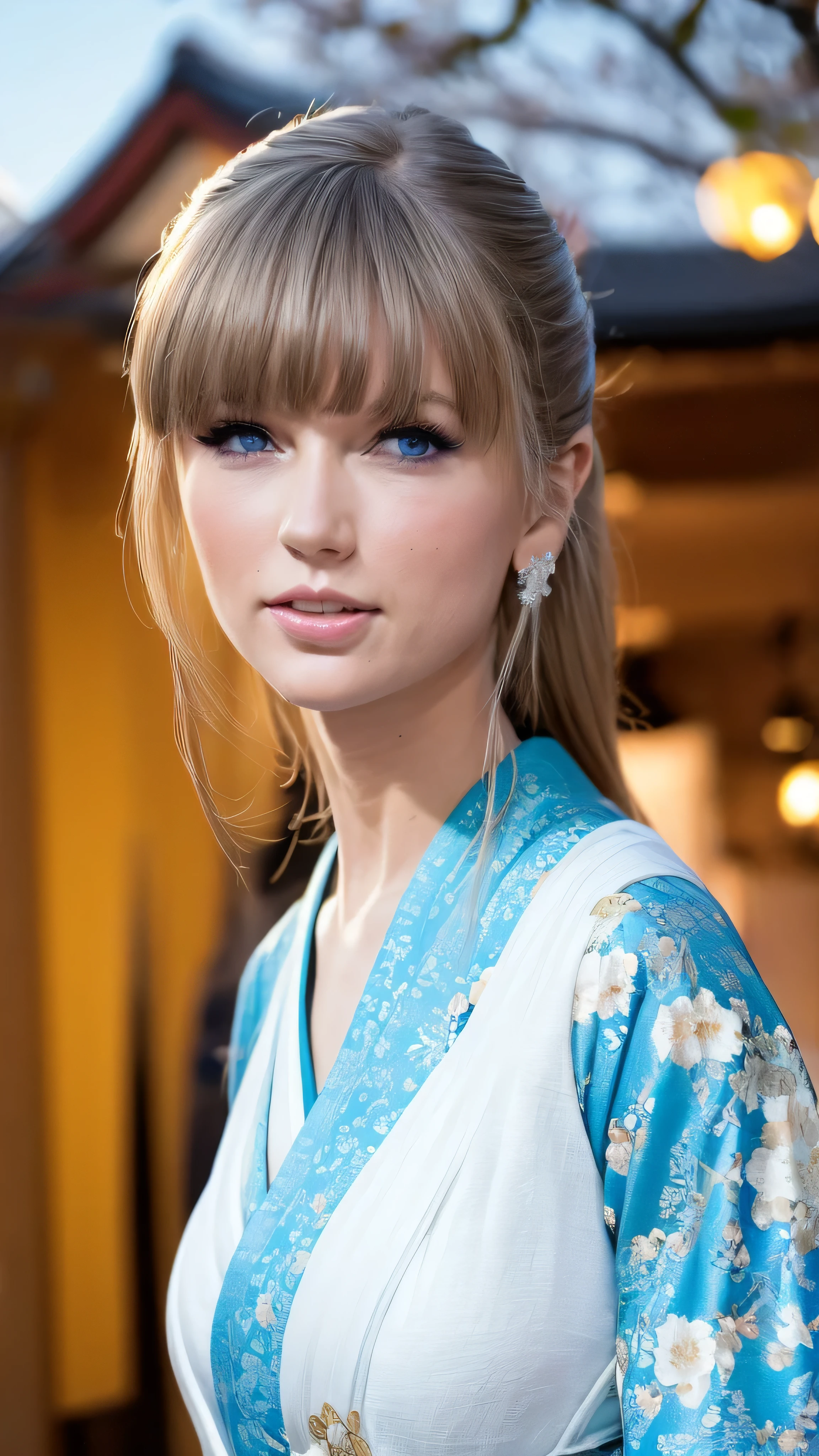    Night Sky with a View of the Milky Way Galaxy  ，  one woman,   mature woman, Old age,   long straight hair ,   beautiful shiny hair  ,   blue eyes, bangs,   Long Sleeve, Detailed eyes and face , Eye Enhancement,  Never resting , Rich lighting,   High Definition Unified CG 8K Wallpaper ,    intricate details ,   portrait  ,  stares,  alone,   half shot  ,   Delicate Face ,   soft smile  ,   Dynamic Poses,   classical period  , ( Ancient Japan theme : 1.1),  Japanese Mythology,   fox ears,   Japanese, ruler,  blue kimono  Japanese ,   floral kimono,   ancient theme  , (Thriving Civilization: 1.1), Moon in the background, ( pure white : 1.1) shrine,   torii gate  ,   Japanese Scenery,  Ancient city in the background ,   A fox mask on the head,  wonderful,   dreamy  , Dancing Light ,   lantern, strict,    night  ,   Darkness, star,   portrait  ,  Cinematic lighting