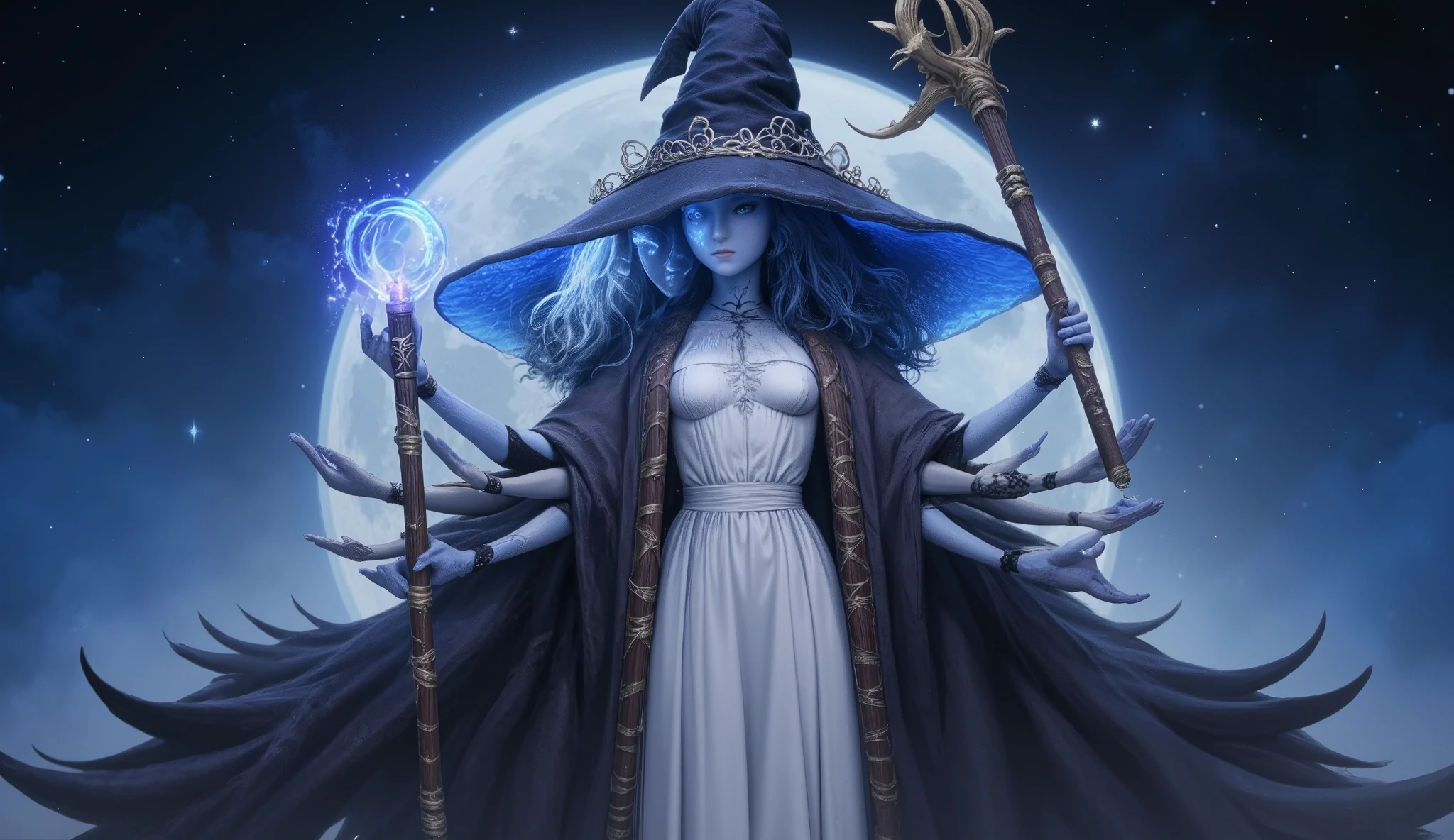 Realistic Ranni the Witch (Elden Ring), based on reference image, photorealistic, ultra-detailed, doll-like body with pale porcelain skin, glowing blue magical runes, four arms, wearing a dark witch's hat and flowing robes adorned with celestial patterns, holding a staff with glowing blue energy, standing in a mystical night sky background with glowing stars and a large full moon, cinematic lighting, high contrast, natural skin texture, intricate fabric details, realistic shading, vibrant colors, ultra-sharp focus, 8k resolution.