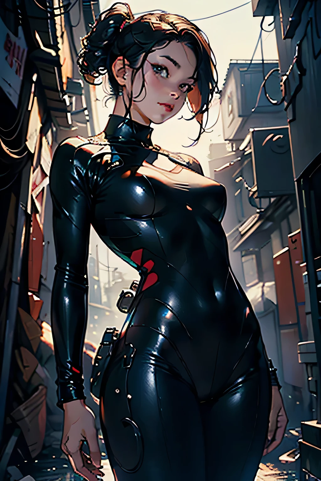 Mulher bonita, cabelo tingido, roupas de couro sexy, seios longos, estilo cyberpunk, detalhes realistas, perto, retrato, saia curta de latex preto