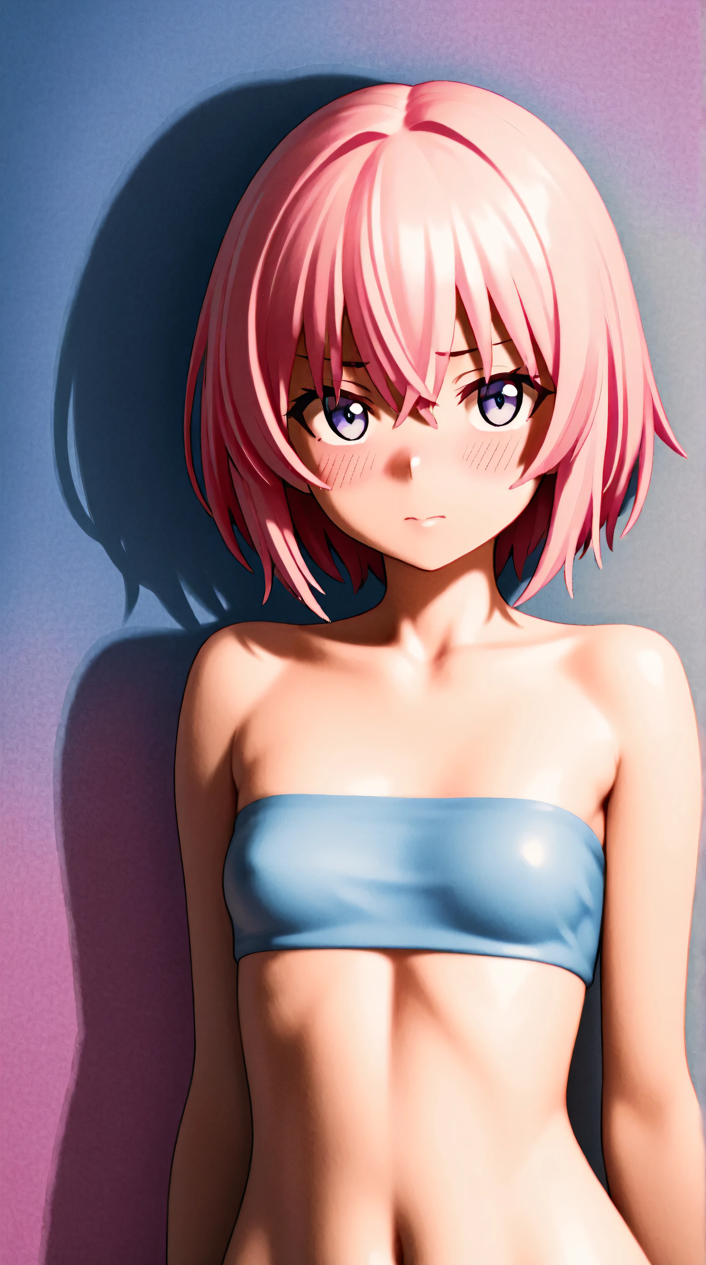 Best quality, perfect female anatomy, 4k, extremely perfect, Senju,  Tokyo revengers, perfect female anatomy, 4k, extremely detailed, Senju, short pink hair, perfect blue eyes, well detailed face, best quality full body, perfect lips Senju with lingerie ,  fondo de revistas, Pink background 🩷, cara perfecta 4k , sexy,