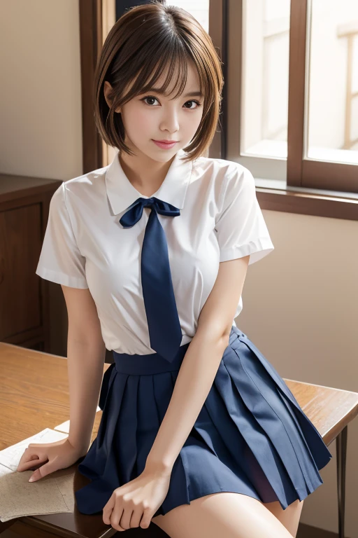 product quality, 1girl, upper body shot, front view, a Japanese young pretty woman, bob hair, glamorous figure, wearing a short sleeves white collared silky shirt with a dark blue satin plain bow tie, wearing a dark blue pleated long skirt, sitting with a big smile on a chair in front of a desk in a crowded classroom, a lunch box on the desk, hyper cute face, glossy lips, double eyelids in both eyes, natural makeup, long eyelashes, shiny smooth light brown bob hair, asymmetrical bangs, a tanned skin, central image, high resolution, high detail, detailed hairstyle, detailed face, spectacular cinematic lighting, octane rendering, vibrant, hyper realistic, perfect limbs, perfect anatomy