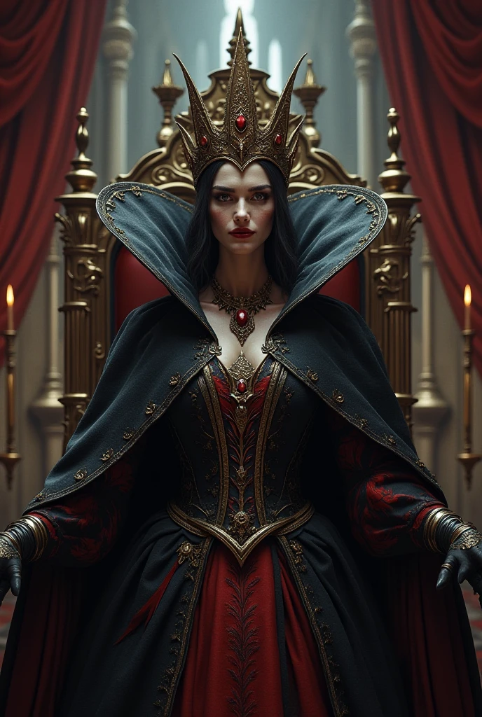 A full-length photorealistic portrait of a seductive, seductive and beautiful brunette with diabolical features. A sedutora tem cabelos cacheados e olhos negros cativantes. She is depicted in a dark fantasy setting, in a palace sitting on a throne. Com corvos ao seu redor, Criando uma atmosfera assombrosa. The seducer is adorned with an exotic black and red dress of the villain, com detalhes intrincados e uma gola estilo gargantilha. O foco da imagem deve ser capturar a pose sedutora e o rosto detalhado da sedutora. His expression should exude both fascination and danger, reflecting his diabolical nature. Lighting should be grumpy, with shadows adding depth and mystery to the scene. Image resolution should be high, permitindo que detalhes finos sejam mostrados."