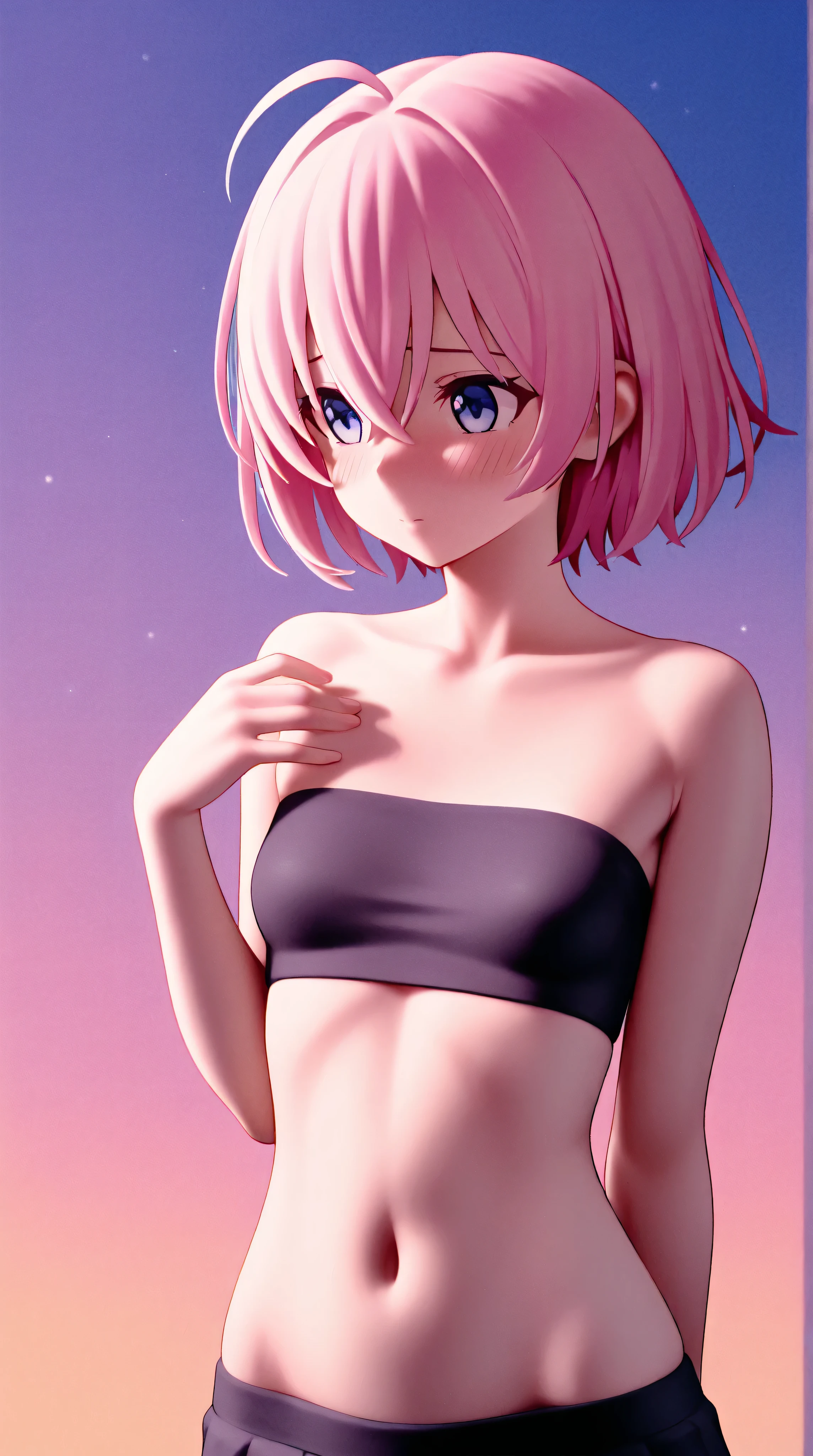 Nakano ichika, 1girl in,, Pink hair,, Short hair, Solo, Bangs,, Smile, Blue eyes, , Looking at Viewer, bedroom, hair between eye, blush, purple panties with frills,purple bra with frills