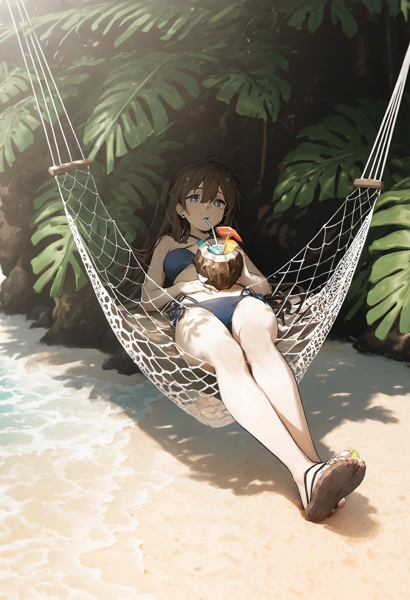a girl lying in a hammock on the beach,coconut in hand , drinking coconut water ,