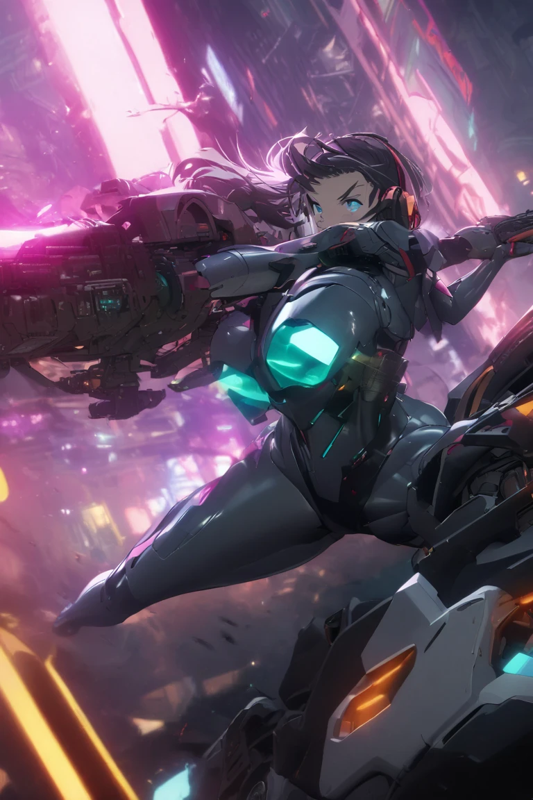 A dramatic, nocturnal scene in the high skies. A Caucasian female fighter pilot is at the controls of a high-speed jet, her eyes focused and determined despite the chaos behind her. A monstrous, futuristic alien ship, fiery beams lancing from its hull, is in hot pursuit of her aircraft. The alien ship is pulsating with sickly green and pallid purple lights that are echoed in the distant stars above, casting an eerie illumination over the scene. The pilot maneuvers deftly, evading the enemy's onslaught, leaving a trail of white contrails that cut through the inky night like a comet.