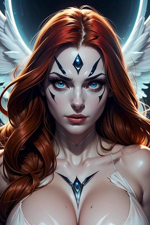 Empress of the Demon World、Young and beautiful、((A gorgeous blue and crimson outfit))、Sharp Eyes、Blue Eyes、((A woman with eagle wings spread wide on her back))、Purple wavy hair、A surreal, intense light shines into the darkness、Surreal、High definition