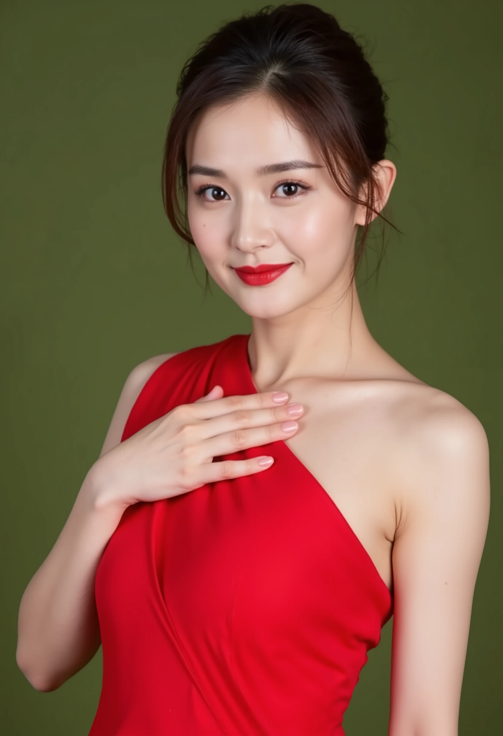 high definition professional photography stylem,natural skin texture.This is a high-resolution, studio photograph of a young Asian woman with a fair complexion and short, neatly styled dark brown hair. She is positioned against a solid, muted green background, which contrasts with her vibrant red attire. The woman is wearing a strapless, one-shoulder top made of a smooth, shiny fabric that appears to be red. Her right hand is gently placed on her chest, with her fingers splayed out slightly, showcasing neatly trimmed nails. She has a serene expression on her face, with a subtle smile accentuated by her bright red lipstick, which matches her top. Her eyebrows are well-groomed, and she has minimal makeup, focusing on a natural look. The lighting is soft and even, highlighting her facial features and the texture of her skin. The photograph captures her in a three-quarter view, from her shoulders to her chin, with a slight turn to her right. The overall composition is minimalist, emphasizing the subject's elegance and poise. The photograph is likely part of a fashion or portrait series, given the subject's attire and the professional studio setting.