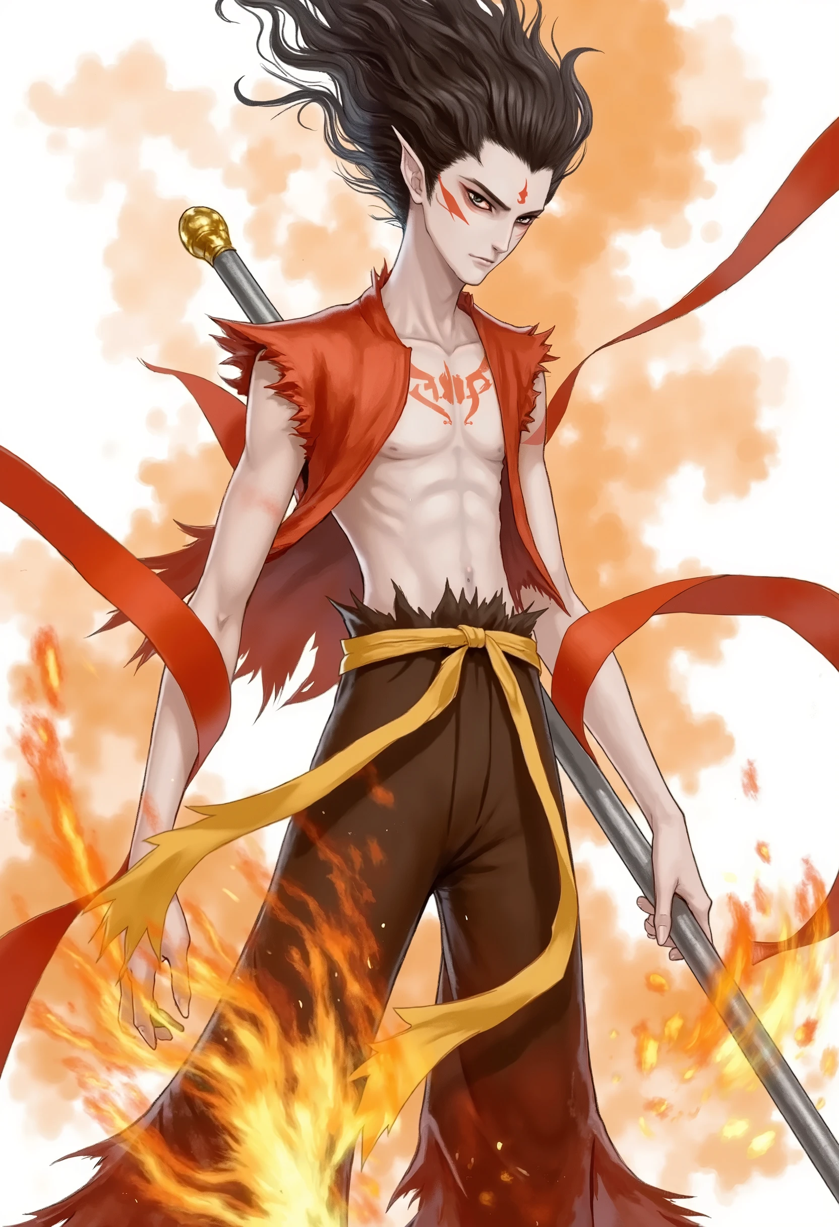 This is a digital artwork in an anime style, featuring a male character with an ethereal and intense appearance. The subject has long, dark, flowing hair that is almost wild, with streaks of orange and yellow, suggesting a supernatural or mystical element. His skin is pale, with sharp, angular features, and he has pointed ears, indicative of a non-human or fantastical race. His eyes are a piercing blue, and he has a confident, almost menacing expression.
He is dressed in a sleeveless, open red jacket, which is partially unbuttoned and billowing around him, adding to the sense of motion and energy. Beneath the jacket, he is shirtless, revealing a muscular, toned physique with a series of red tribal markings across his chest and abdomen. He wears dark brown pants, tied at the waist with a yellow sash that is loosely draped around his waist.
The background is a gradient of white to light orange, with splashes of orange and yellow, enhancing the mystical and fiery atmosphere. The character holds a long, thin staff in his right hand, which is also partially engulfed in flames. The overall image is dynamic and dramatic, emphasizing the character's powerful and otherworldly presence.