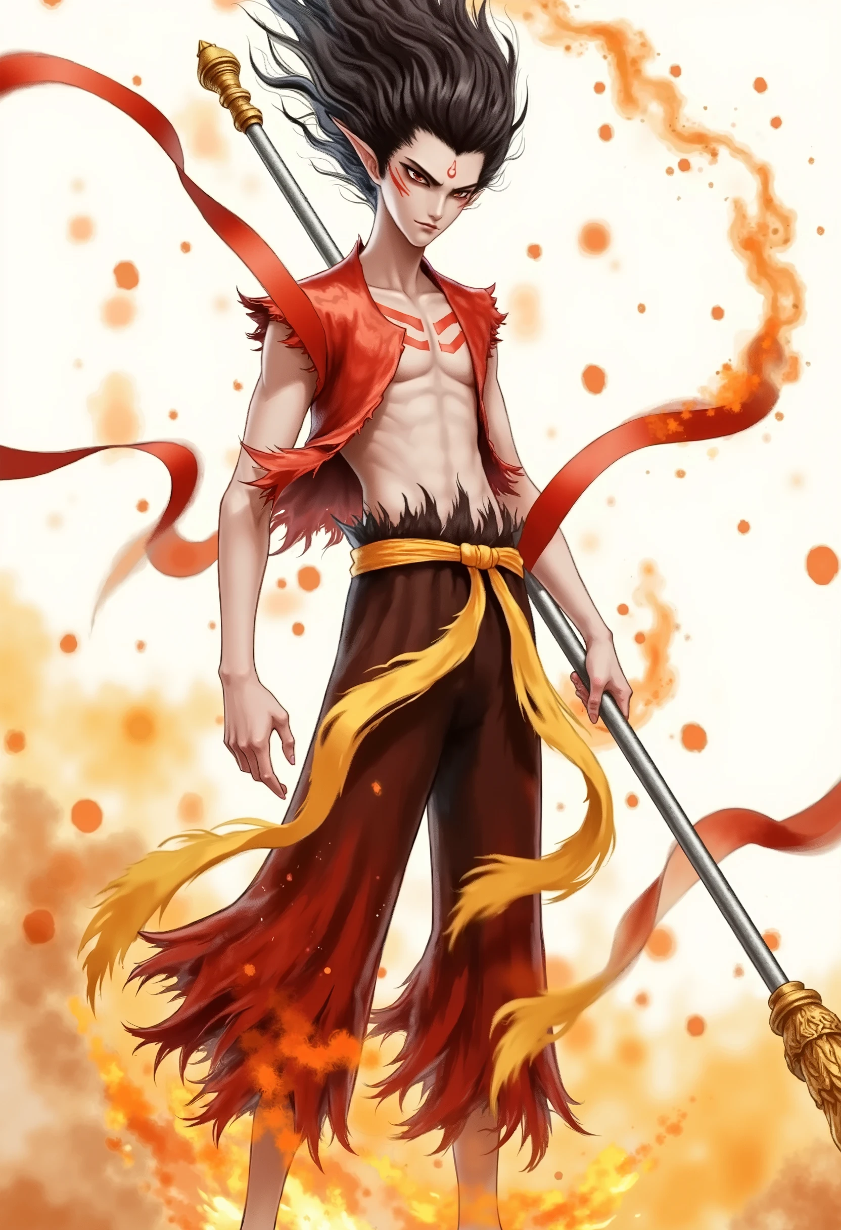 This is a digital artwork in an anime style, featuring a male character with an ethereal and intense appearance. The subject has long, dark, flowing hair that is almost wild, with streaks of orange and yellow, suggesting a supernatural or mystical element. His skin is pale, with sharp, angular features, and he has pointed ears, indicative of a non-human or fantastical race. His eyes are a piercing blue, and he has a confident, almost menacing expression.
He is dressed in a sleeveless, open red jacket, which is partially unbuttoned and billowing around him, adding to the sense of motion and energy. Beneath the jacket, he is shirtless, revealing a muscular, toned physique with a series of red tribal markings across his chest and abdomen. He wears dark brown pants, tied at the waist with a yellow sash that is loosely draped around his waist.
The background is a gradient of white to light orange, with splashes of orange and yellow, enhancing the mystical and fiery atmosphere. The character holds a long, thin staff in his right hand, which is also partially engulfed in flames. The overall image is dynamic and dramatic, emphasizing the character's powerful and otherworldly presence.