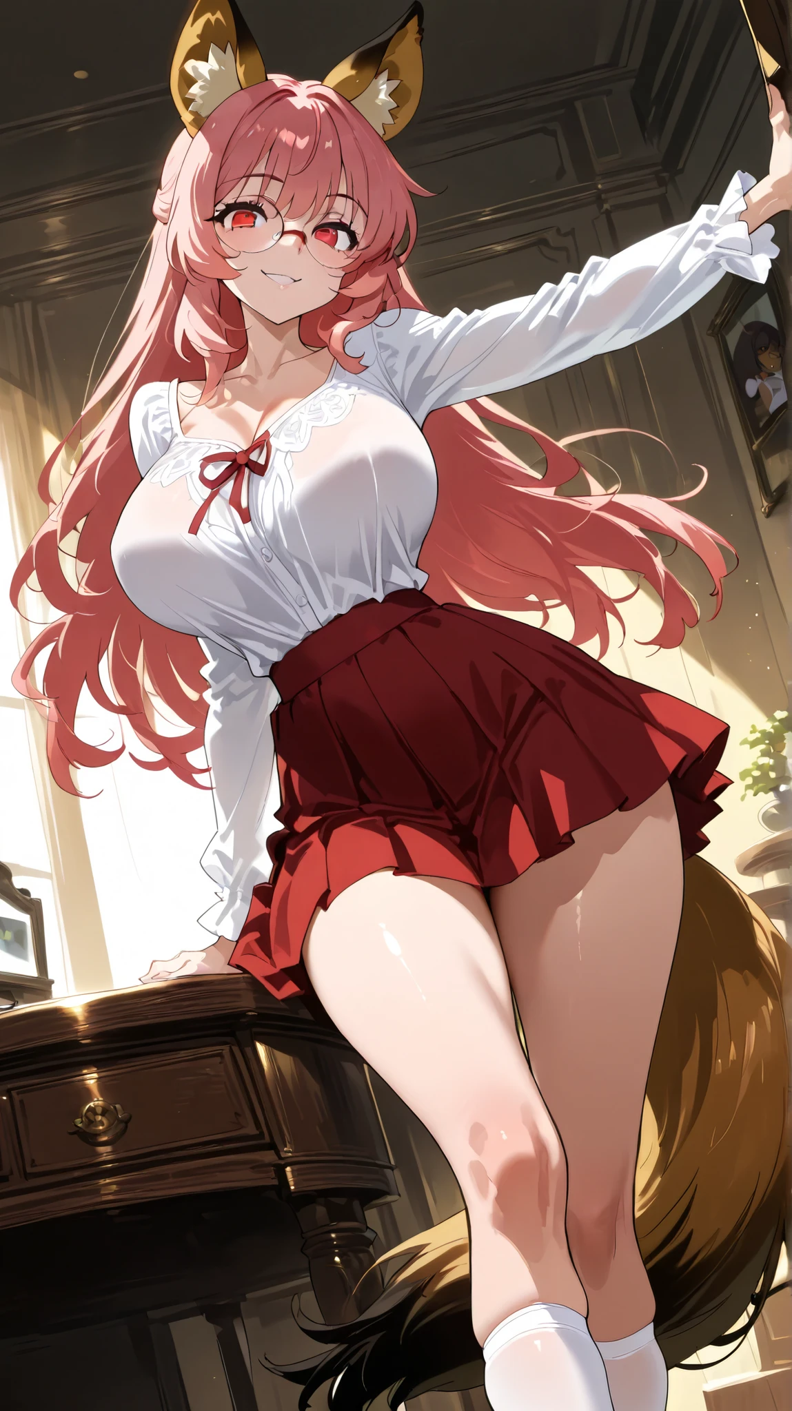 An anime-style masterpiece. 1 Fille, long red hair with very detailed pointed fox ears, tresse Bohème, With a half-open white blouse and a red skirt . big breasts, A big hairy fox tail sticking out from under her skirt. Long legs with big white red ballerina socks. Large detailed eyes. sexy smile . (bedroom, lit, bureau e, background). (Glasses , round, noir :1.3), 8k, HDR
