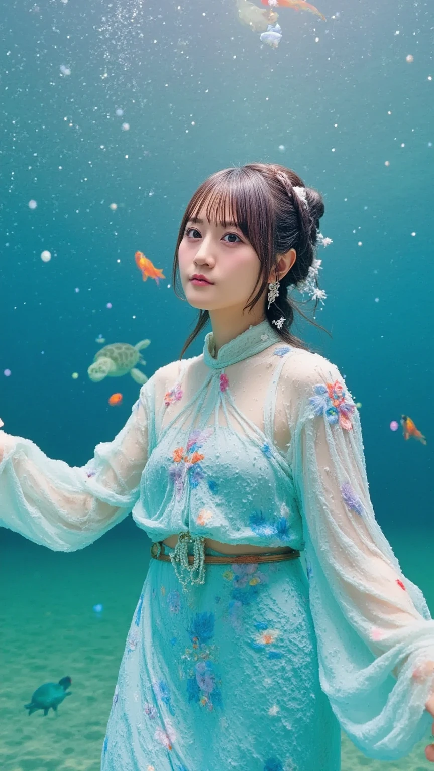 (((30-year-old woman)))、((aquarium))、masterpiece, One beautiful girl, (((very_short_hair))), Eye details, Swollen eyes, Best image quality, 超High resolution, (Realistic: 1.4), Original photo, One Girl, Cinema Lighting, Japanese, very beautif, Beautiful skins, (超Realistic), (High resolution), (8k yen), (Very detailed), (Best illustrations), (Beautiful and detailed eyes), (Ultra-detailed), Detailed face, Looking at the camera, Look straight ahead, Dress neatly, shorth hair、A dark-haired、46ポイントの斜め前hair、((aquarium))、Plenty of fish、(((tropical fish)))