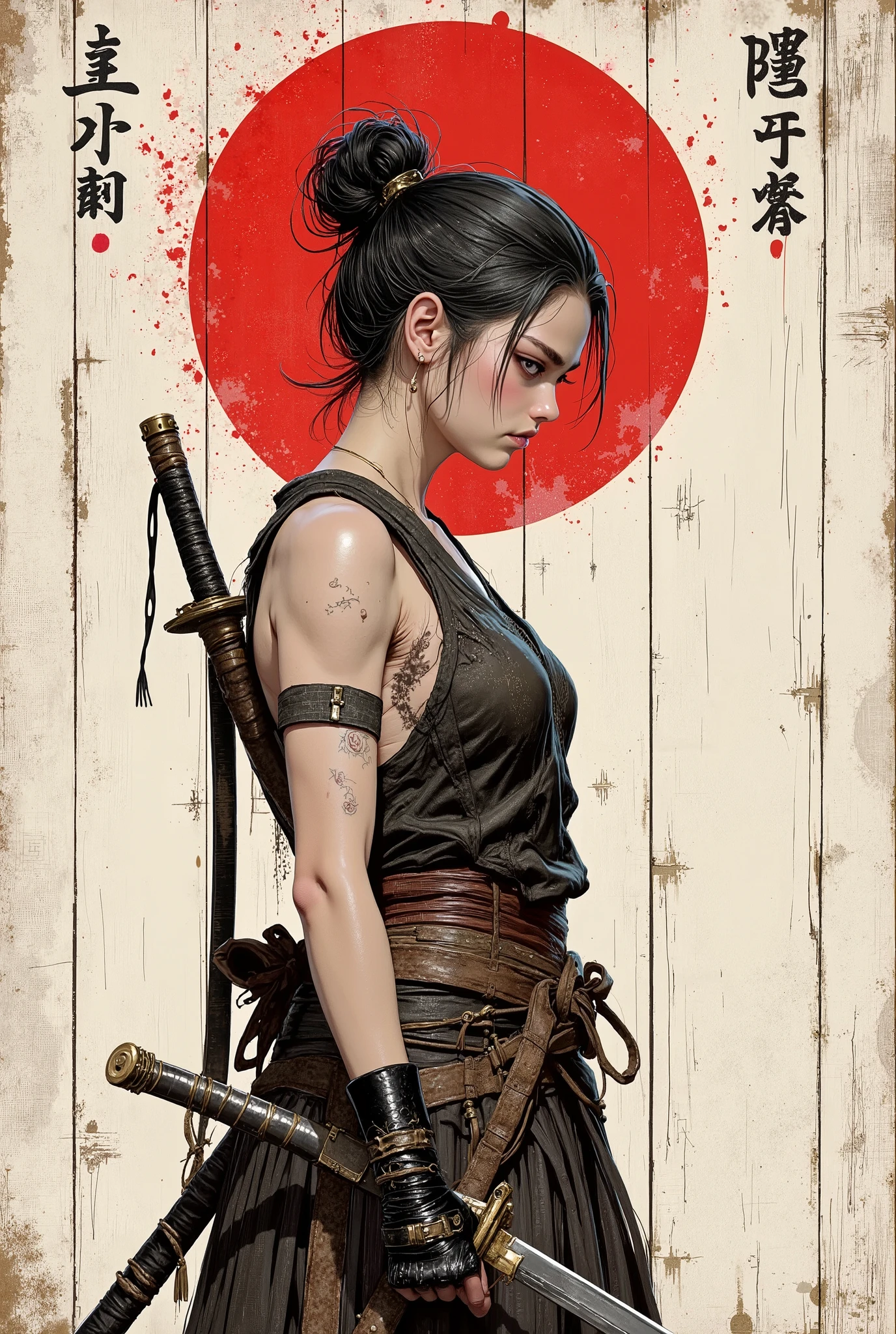 Young Asian samurai girl. He looks down seriously. Side view. The body is effectively curved .Shoulders are thrown back. The arms are loosely lowered along the body. The head is slightly turned towards the viewer. Very dark hair, gathered in a high, careless bun on top of her head. A battered old leather vest with bare arms and shoulders. Leather armbands. Two katanas, one of which is sheathed on his back, and the other is on his belt on the other side.Sepia.The background is an old worn and dirty wooden wall, once painted white. Japanese calligraphy, hieroglyphs. A large stylized red circle resembling a Japanese flag, carelessly painted with a large brush. Streaks and splashes of red paint. The texture of worn wood
. Dirty splashes streaked across the entire surface of the background. The overall art style is colorful and slightly rough, like a battered antique poster. The color scheme is muted and dim. The emphasis is on details and a sense of calm power. Ukiyo-e, Samurai-style, ink graphics.   Lines of movement, Framed within a frame.  masterpiece, super detail, 8k