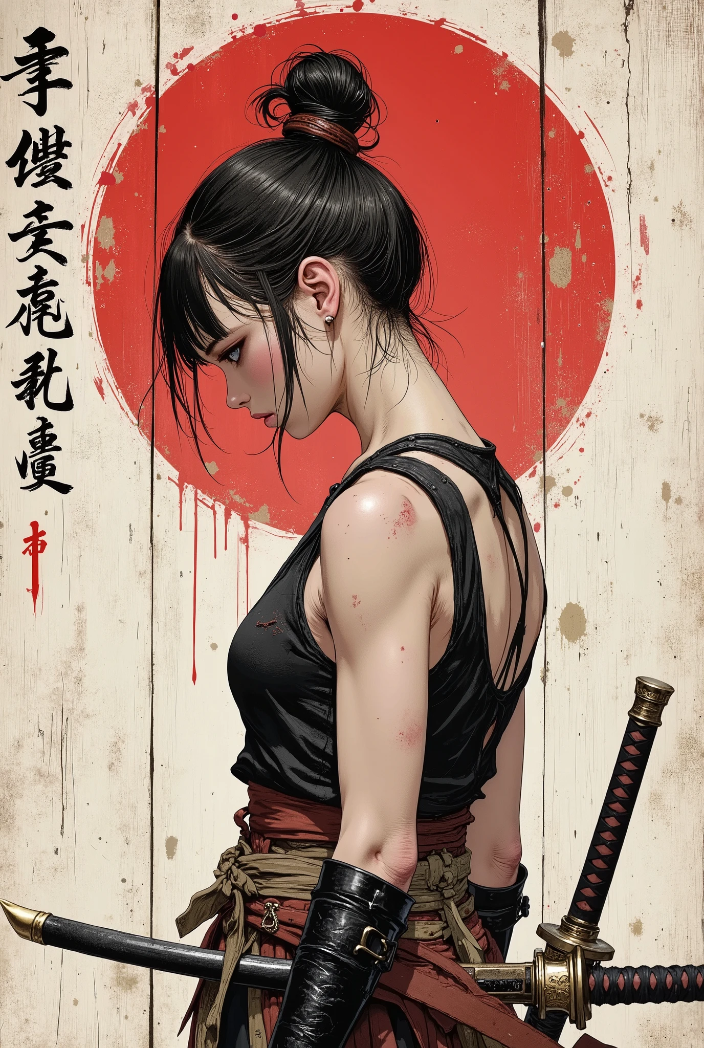 Young Asian samurai girl. He looks down seriously. Side view. The body is effectively curved .Shoulders are thrown back. The arms are loosely lowered along the body. The head is slightly turned towards the viewer. Very dark hair, gathered in a high, careless bun on top of her head. A battered old leather vest with bare arms and shoulders. Leather armbands. Two katanas, one of which is sheathed on his back, and the other is on his belt on the other side.Sepia.The background is an old worn and dirty wooden wall, once painted white. Japanese calligraphy, hieroglyphs. A large stylized red circle resembling a Japanese flag, carelessly painted with a large brush. Streaks and splashes of red paint. The texture of worn wood
. Dirty splashes streaked across the entire surface of the background. The overall art style is colorful and slightly rough, like a battered antique poster. The color scheme is muted and dim. The emphasis is on details and a sense of calm power. Ukiyo-e, Samurai-style, ink graphics.   Lines of movement, Framed within a frame.  masterpiece, super detail, 8k
