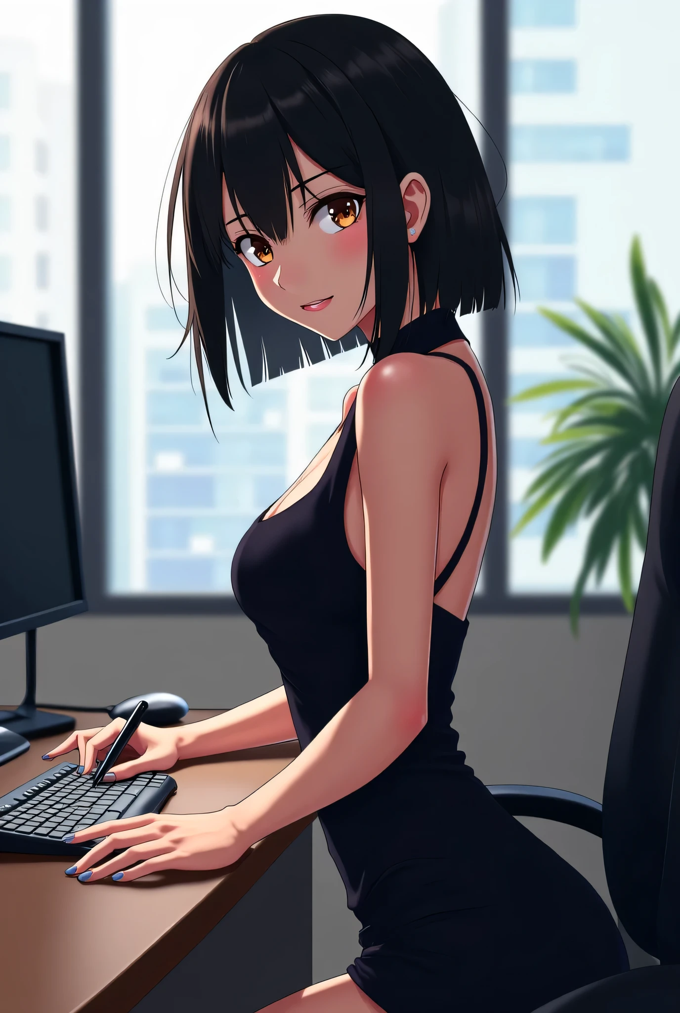 (stripping:1.2),(sexy:1.3),( woman:1.2),(shoulder length black hair),(black tank top),(green jacket and skirt),(enticing),(passionate),(office background),(sitting on desk),(desperate)
