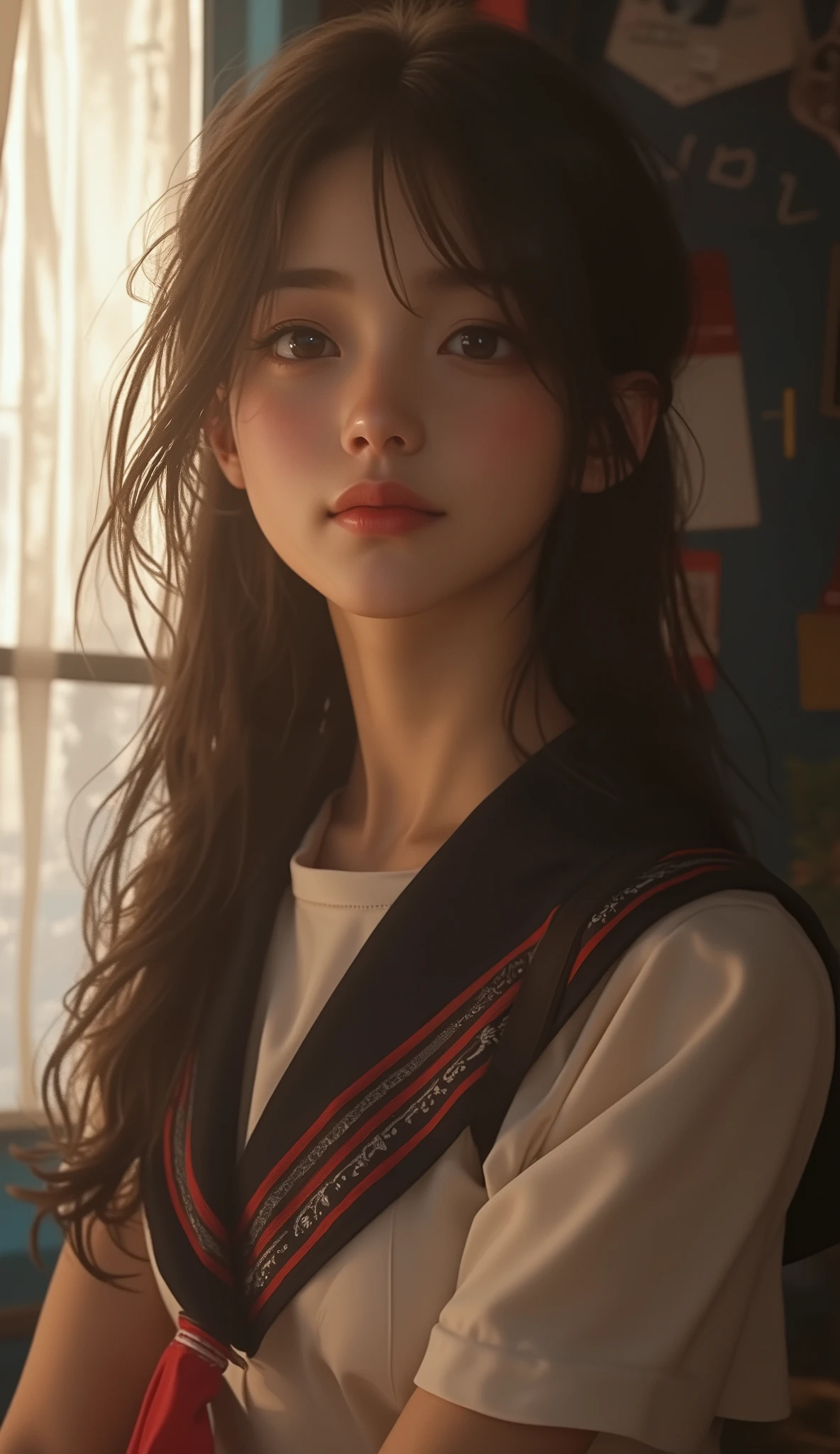 8k, ultra high resolution ,   top quality,  masterpiece,rule of thirds,golden ratio, surreal, photos,  one woman,(  girl:1.3), cute, cute顔, Beautiful Eyes in Every Detail , 細かく Details, mature woman, princess,full body,smile, black hair,Messy hair,ID photo, luxurious and beautiful ,(A 16-year-old famous Japanese idol girl ), (( wearing a Japanese high school uniform with a white shirt, blazer, and skirt)), (((  in the woods ))), ((( She has an ecstatic expression ))), very delicate expression ,  delicate eye description,,  Healthy Body , (( 1 female)), Height: 160cm, (( thin thighs)) ,(  thin waist:1.4)、( Beautiful :1.4),  pink lips, profile,(((  ideal figure))),Small bust, A cup :2,、 portraits:2、  perfect  、鮮明な  Details、  Details, thin lips,Perfect and beautiful face  ,完璧で cute顔,   Meticulous Skin  ,  Perfect Limbs 、  thin waist,  surreal,Light and Dark,  fashion magazine cover,glowing 