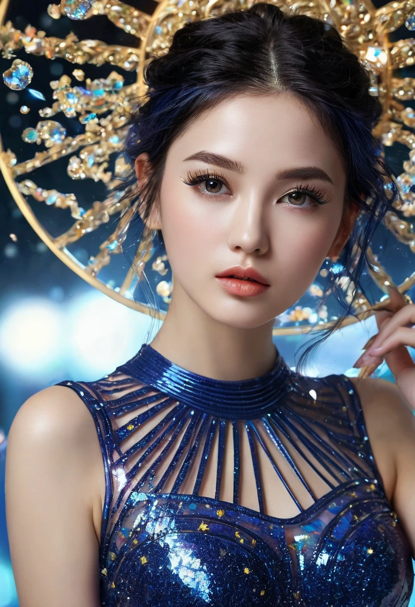 super realistic detailed face and the most beautiful eyes and realistic white teeth of a goddess of beauty, a super beautiful woman wearing a sexy white and iridescent tight dress, she wears colorful sparkling high heels, a masterpiece of a passionate beauty, she has a very charming smile, sexy figure, the work is like Chang'e on the moon standing on the rainbow, realistic, focusing on the sexy body in detail, super sharp, super portrait, best quality, UHD, 18K