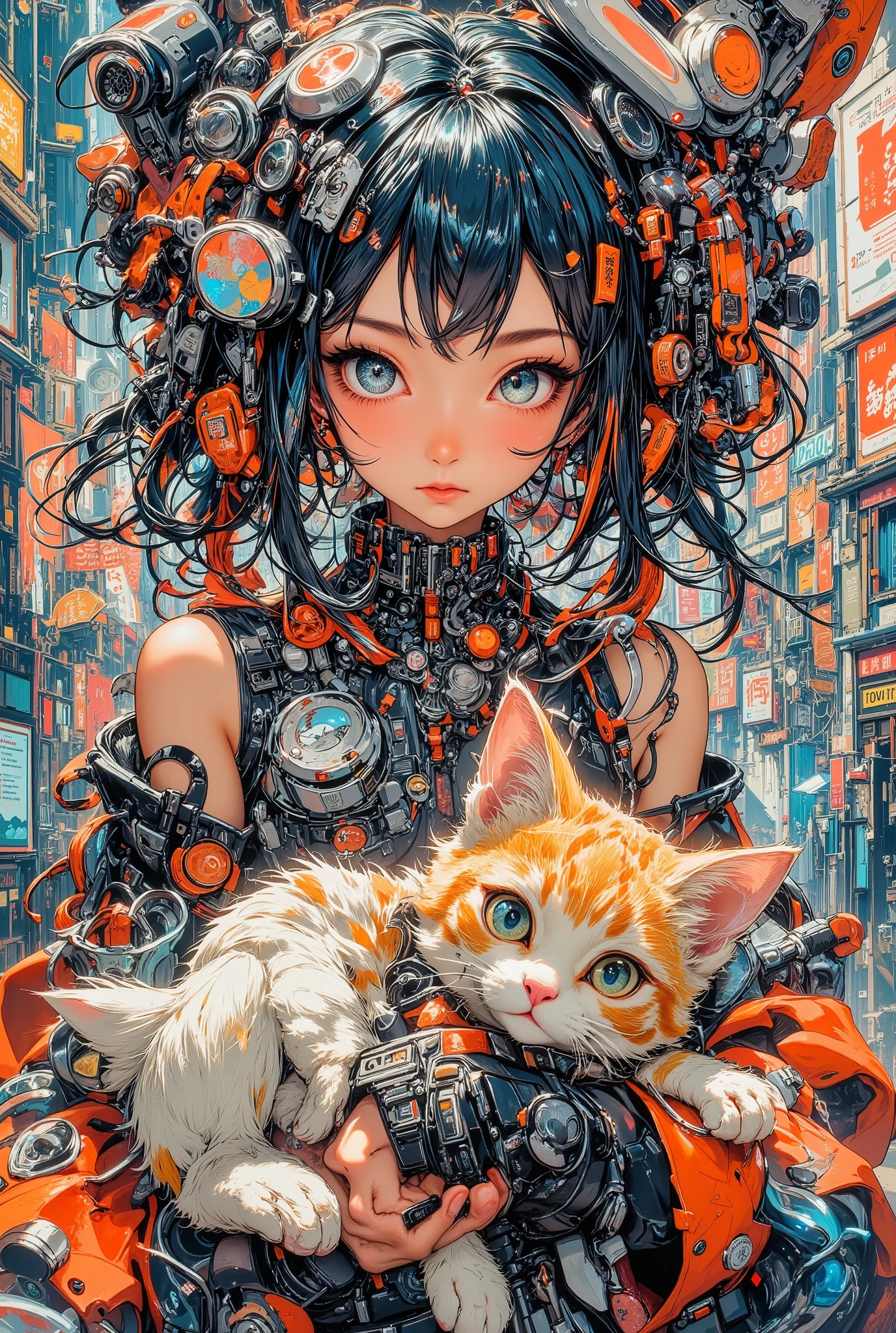 (High Definition, masterpiece, Accurate, top quality, High Definition model, high detail, (((The textures are soft))), ((matte and toy-like with a handmade premium look)), (((Tim Burton style))), A girl walking with a cat on the streets of Shibuya, best quality, (intricate details:1.1), beautiful detailed, beautiful hair, pupil details,solo, 1girl, japanese, blush, five fingers, ((Pupil details)), backlighting, ((five fingers)), big breasts, (((low-angle view))),