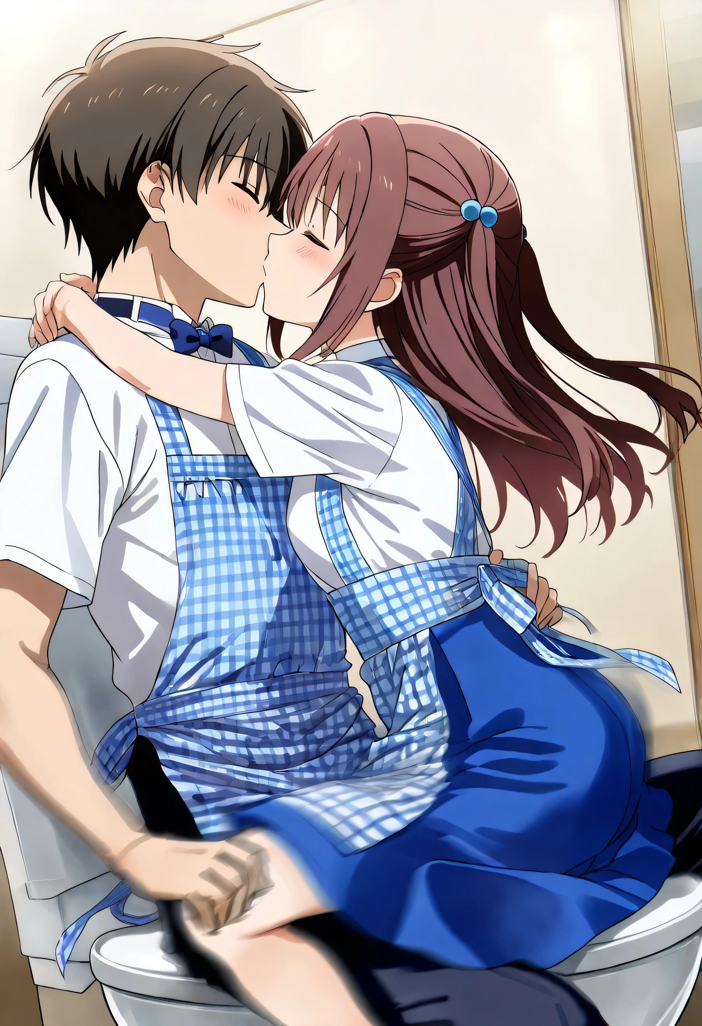 beautiful girl, 1girl ,1boy , small breasts,crew, blue bow, blue bowtie, white shirt, short sleeves, blue skirt, Blue apron, gingham apron, employee uniform, high-waist skirt, waitress, motion lines,( motion blur:2.0),Uchida Yuka,long hair,brown hair,two side up,hair ornament,hair bobbles,bangs,brown eyes,Restaurant toilet ,(( hug and kiss))