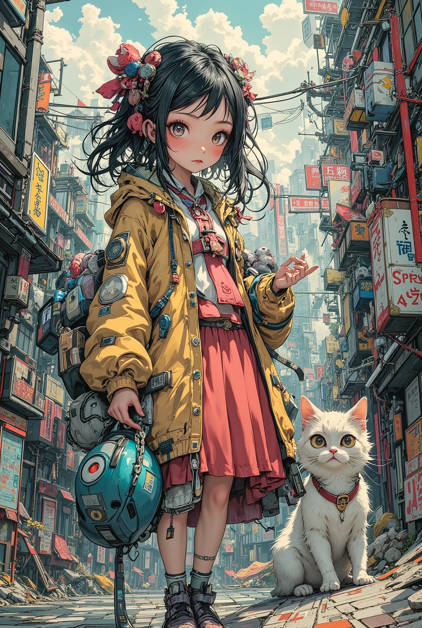 (High Definition, masterpiece, Accurate, top quality, High Definition model, high detail, (((The textures are soft))), ((matte and toy-like with a handmade premium look)), (((Tim Burton style))), A girl walking with a cat on the streets of Shibuya, best quality, (intricate details:1.1), beautiful detailed, beautiful hair, pupil details,solo, 1girl, japanese, blush, five fingers, ((Pupil details)), backlighting, ((five fingers)), big breasts, (((low-angle view))),
