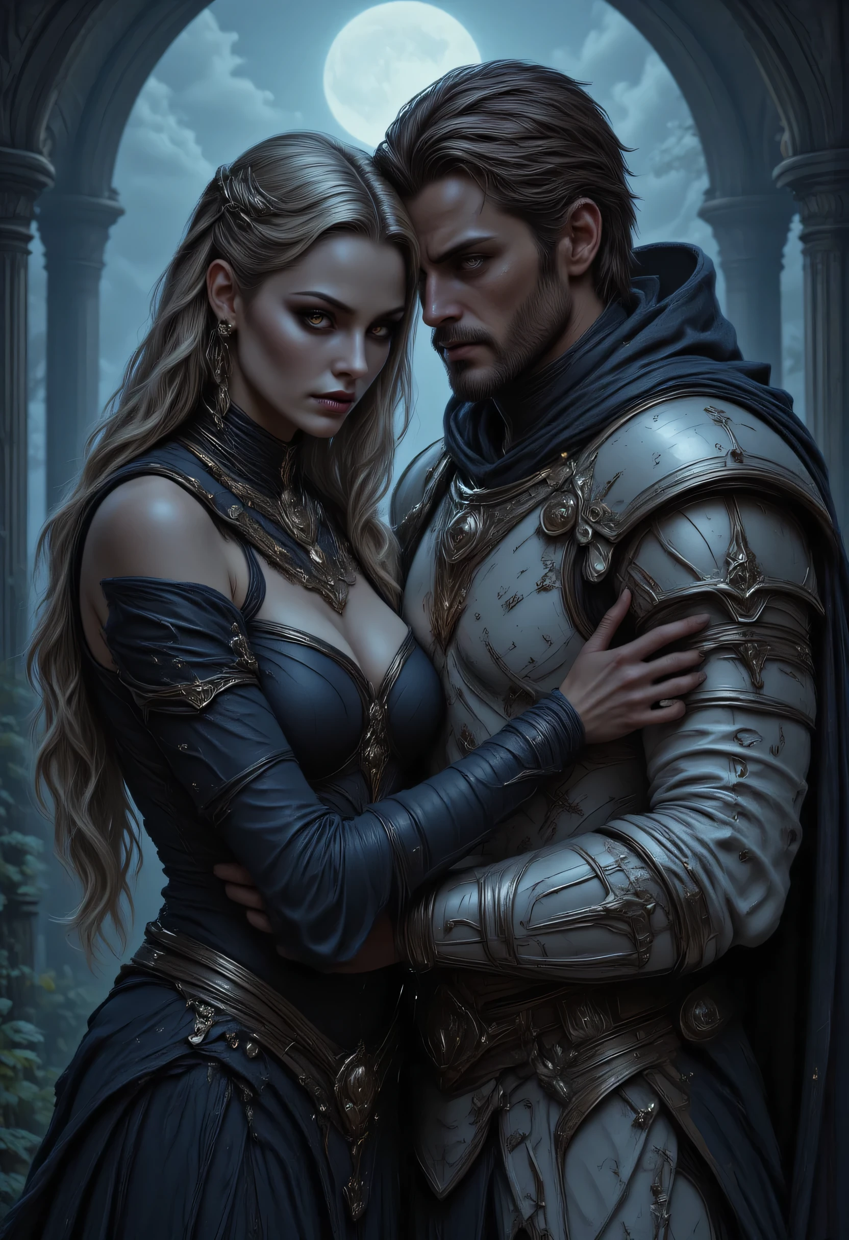 fantasy art, a picture of a fantasy, beautiful female vampire, best detailed face,  pale skin, blond hair, glowing eyes, red eyes, wearing blue dress, silk dress, intricate dress, hugging a  man, muscular man, best detailed face, wearing white armor, red hair, reflection light, it is night time, the moon is in the sky, a sense of eternal love, soft light. moon rays. high details, best quality, 16k, [ultra detailed], masterpiece, best quality, (extremely detailed), close up, ultra wide shot, photorealistic, RAW, fantasy art, dnd art, fantasy art, realistic art,((best quality)), ((masterpiece)), (detailed), perfect face, hyp3rd3tail style, magical sky
