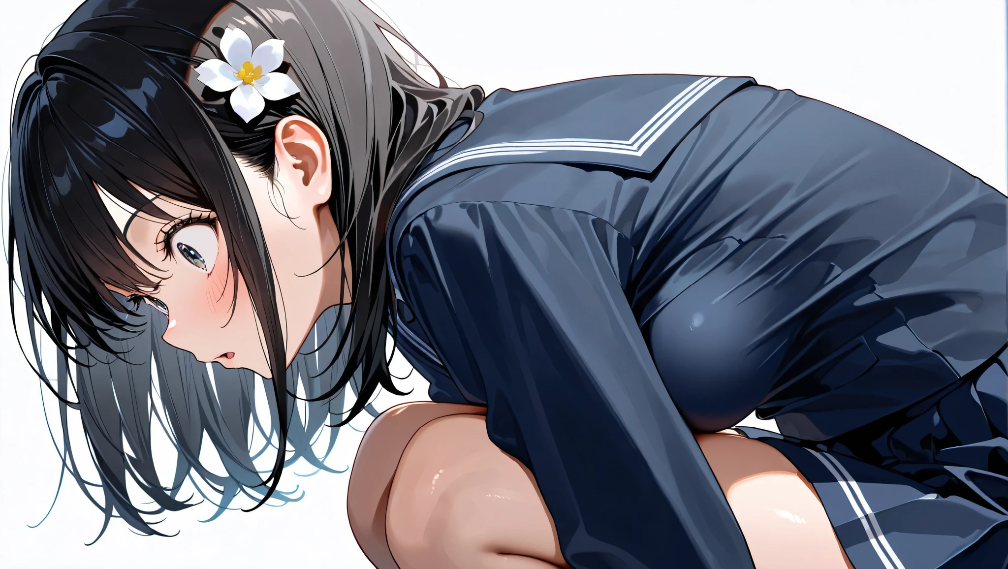 top quality, woman.medium breasts,White background、 school uniform、 side view 、squatting、 surprised、 surprised expression、 black hair, medium hair, Hair Flower、