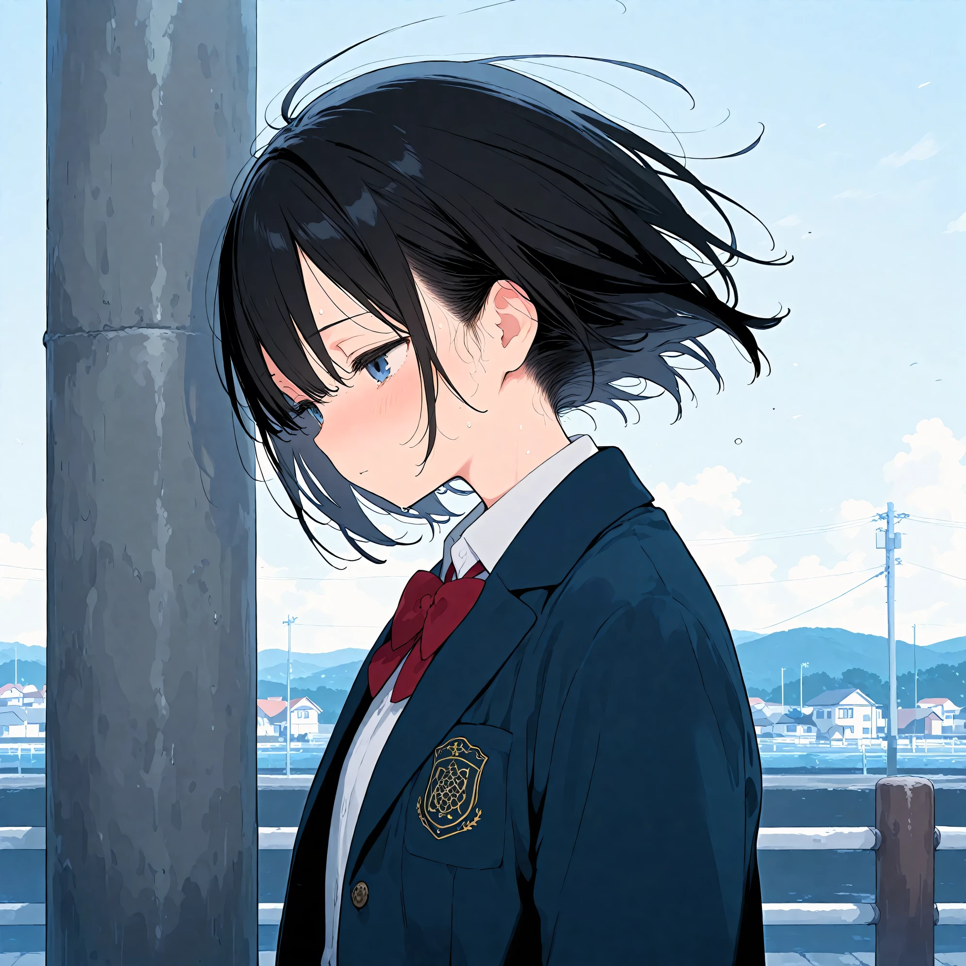 (masterpiece), (best quality), (ultra-detailed), artist:fujiyama, 1girl, exhausted, route of a school, wind,
