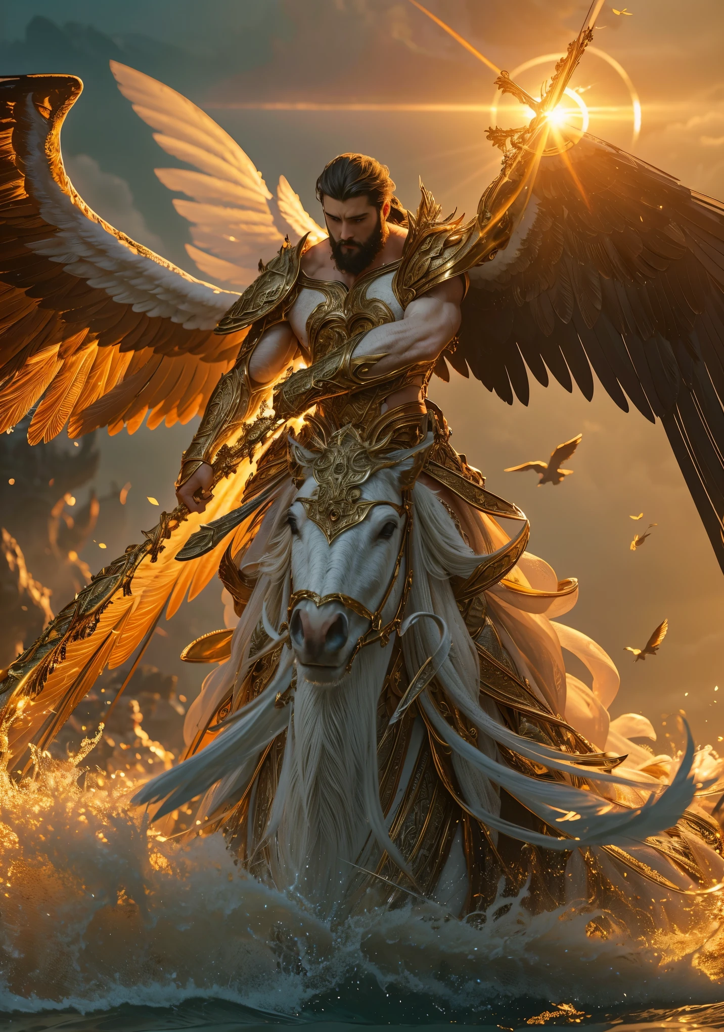 A breathtaking fantasy scene of a two godly muscled , handsome muscled man with a short beard, embracing another man while covering him protectively with his long, majestic wings. The figure has four wings: the upper two are vast, pure white, while the lower two are extensive, deep black. His heroic pose exudes strength and safety as he shields his companion in a divine embrace. His feathers are intricately detailed, with soft textures and realistic shading that enhance their ethereal quality.
The background showcases a stunning sunset coast, where golden-orange hues blend seamlessly with the sky, reflecting off the gentle waves. The warm, glowing light subtly highlights the features of both figures, adding depth and a cinematic atmosphere. Wisps of clouds swirl around them, enhancing the fantasy realism. Their expressions are finely detailed, capturing deep emotions—security, devotion, and serenity. The clothing, if any, is elegant and flows naturally, complementing the movement of their wings. The image is rendered in ultra-sharp focus, with crisp lines, vibrant full-color brilliance, and masterful composition, ensuring a highly immersive and visually striking piece