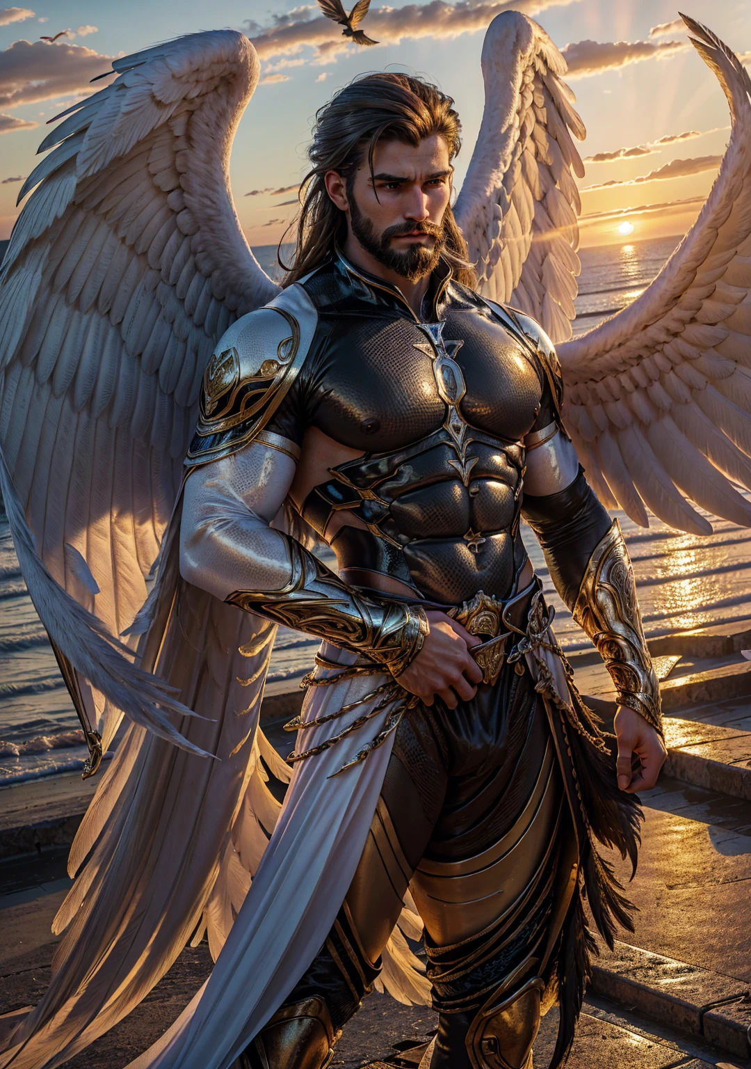 A mature man like Mighty Archangel Michael, with a muscular constitution and long hair, is in battle armor, flaming blue sword of golden pearls, a flaming sacred aura radiating from his body, extremely detailed white wings, moon background, surreal, fantasy, magical, intricate details, dramatic angle, (dynamic upper body posture: 1.1), dramatic lighting, depth of field. Best quality, masterpiece, ultra high resolution, (anime realism, photorealistic: 1.4), perfect composition, centered, symmetry