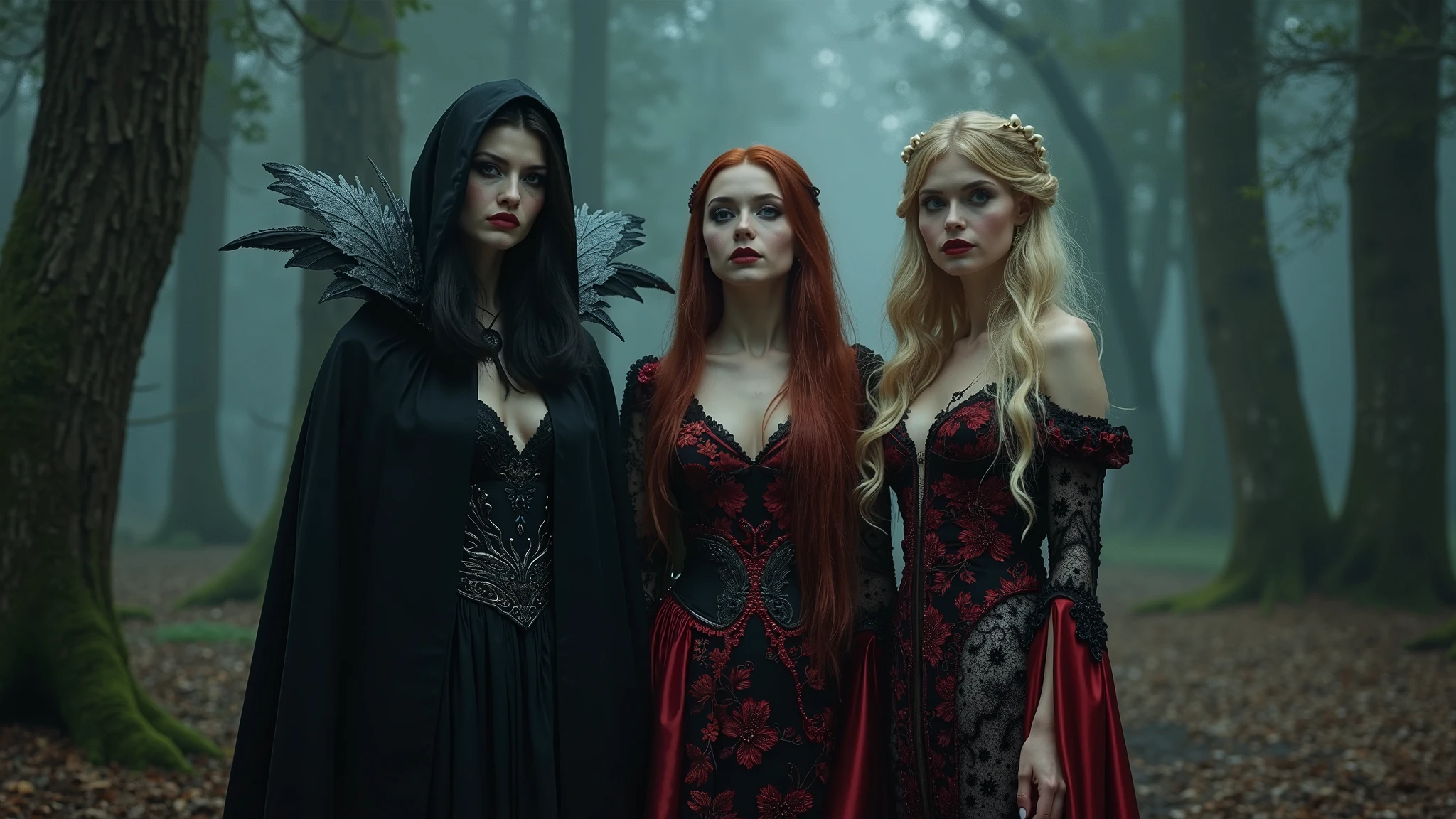 arafed woman in a black dress with red hair and a necklace, promotional still, anya taylor - joy vampire queen, artstyle tom bagshaw, beautiful female vampire, carmilla vampire, portrait of a young witch, vampire fashion, samara weaving vampire, tom bagshaw weta studio, with red hair, photo still, witchy clothing, beautiful female witch