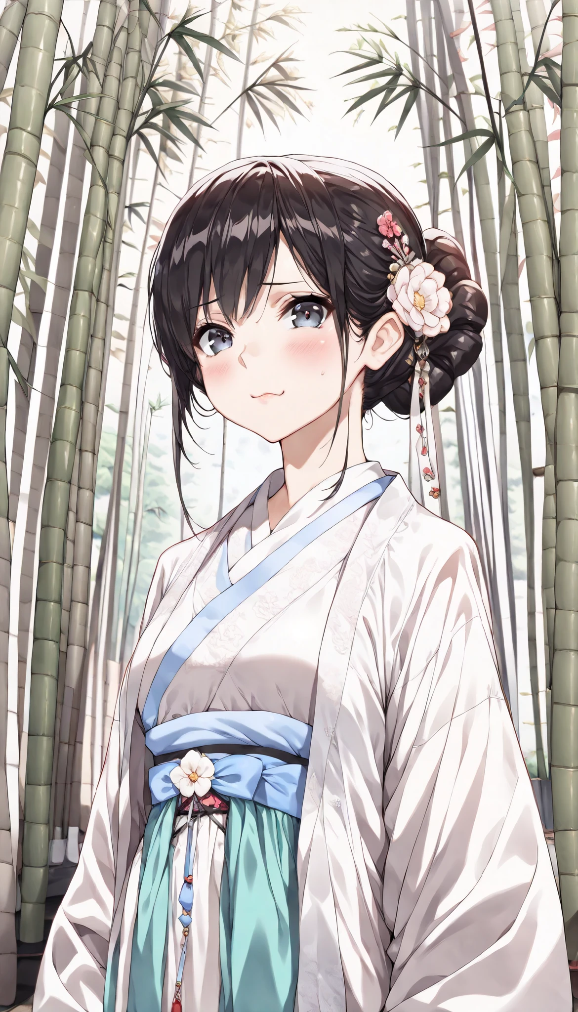 ((best quality)), ((masterpiece)), (detailed), perfect face, ((Best quality, 8k, Masterpiece: 1.3)), Sharp focus, Highly detailed face and skin texture, Detailed eyes, hanfu, Bamboo forest, walk, kanzashi, black hair, bun hairstyle