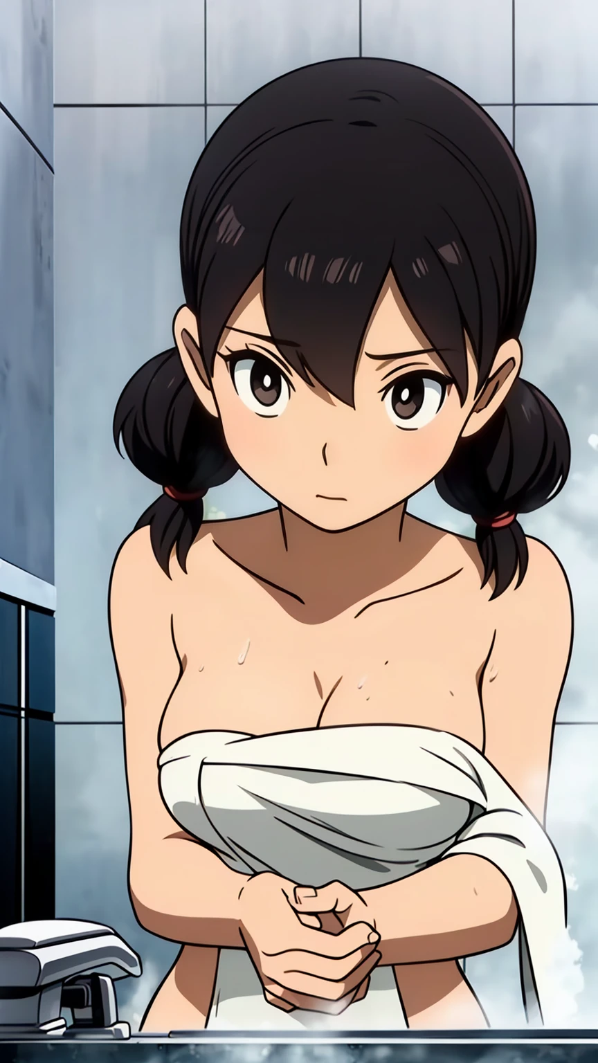 anime、( delicate beautiful girl:1.4)、（Full nudity:1.5)、（Show me your breasts:1.8）、(Beautiful nipples:1.3 )、White skin、Slim waist、Black Hair、Small breasts、Small breasts、smile、ponytail