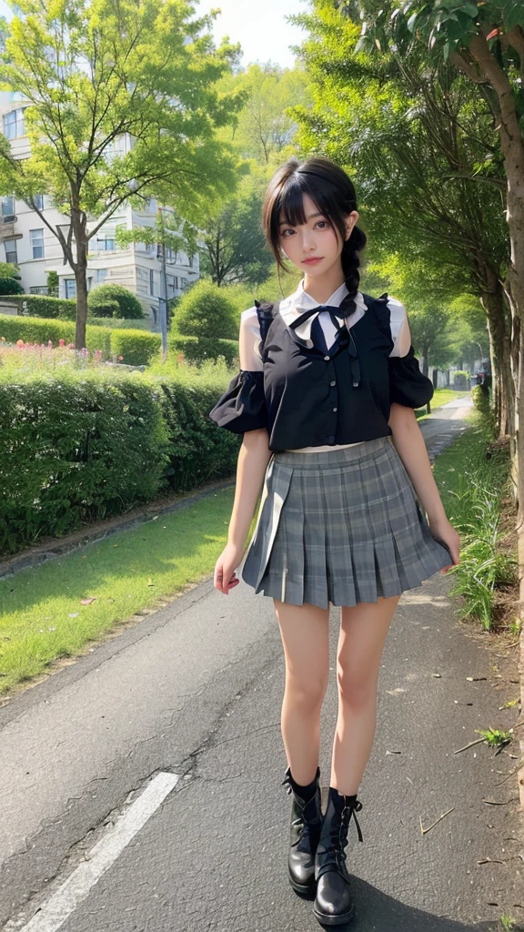 ((of the highest quality, 8K, masutepiece:1.3)), 1 girl, (medium breasts:1.3), Realistic, High resolution, (Highly detailed face and skin texture), (Lifelike face), Perfect body proportion, (Smooth skin, flawless skin, Whitening skin), (Ultra-detailed face), Double eyelids, Soft lighting, Cinematic lighting, (Blurry background:1.5), straight look at viewer, (Black hair, Short hair, hair messy, Bangs hairstyle), (Full Shot, From below:1.1), buttocks raised, Exposing thighs, ((wind lift:1.6)), School uniform:1.3, Plaid and pleated skirts, (Student shirt under sweater vest:1.2), (See lace panties), (skirt tug:1.3)