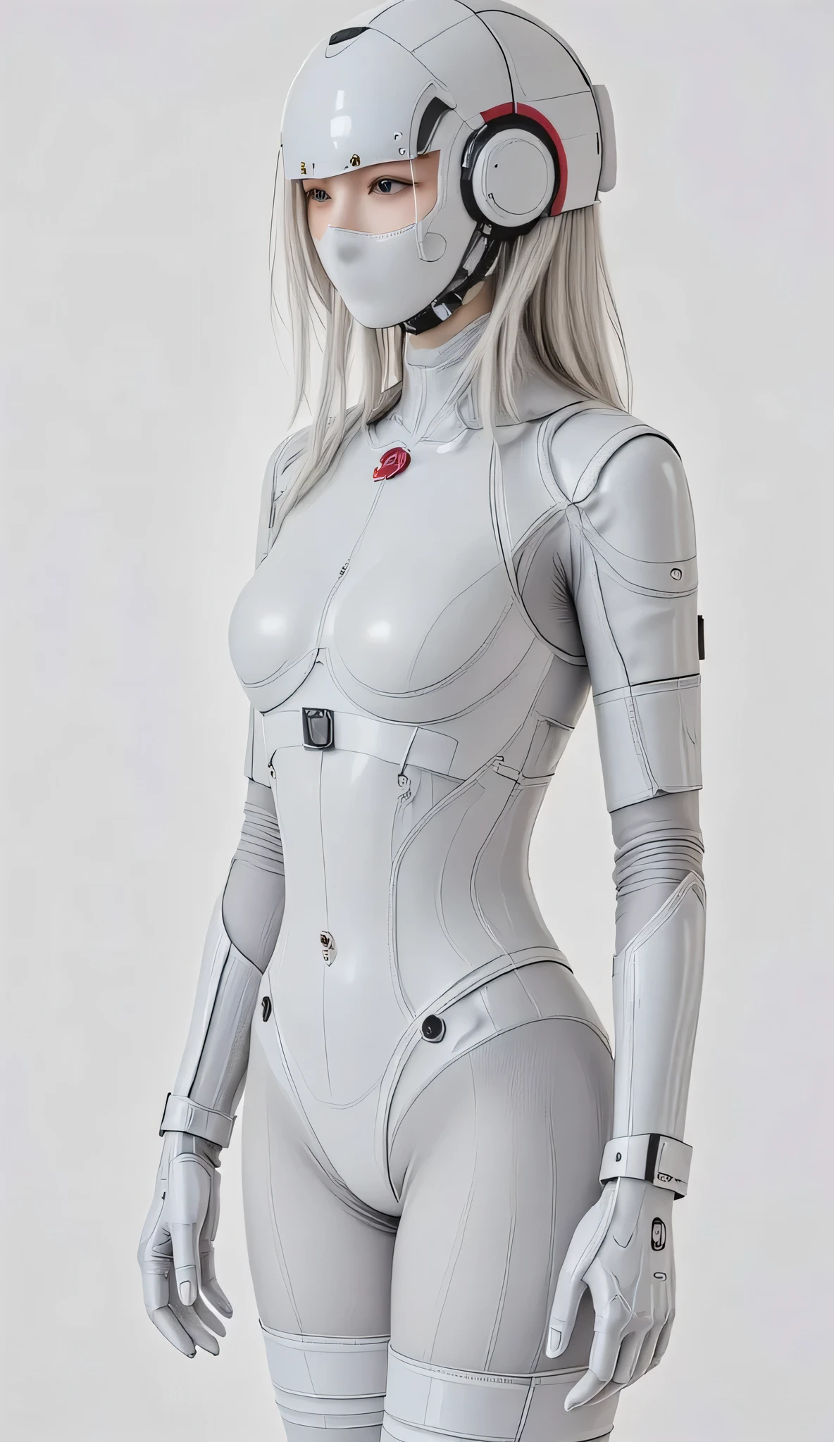 body balance
8 ~9 head model body type ( Draw the neck and limbs longer )
The chest has a gentle curve to express a girly look
Put shadows on the lower part of the ribs to accentuate the constriction
The hips are compact, rounded, and have an upward silhouette
Textural expression of a full body suit
Assumes a glossy polyurethane material
Functional seam lines added to joints
A shaping panel is placed at the waist
Express body movements with three-dimensional cutting
full face mask design
Biotech-like shape with organic curves
Side slit pattern for breathing
Translucent mesh material in the eye area
Docking mechanism detail on the back of the head
Ingenuity in posing
At the front
S-shaped balance with body weight on one leg
Lightly bend the fingertips of the gloves to create suppleness
A feeling of tension in the back that draws shoulder blades
A dynamic static state where you feel like you're standing on tiptoes