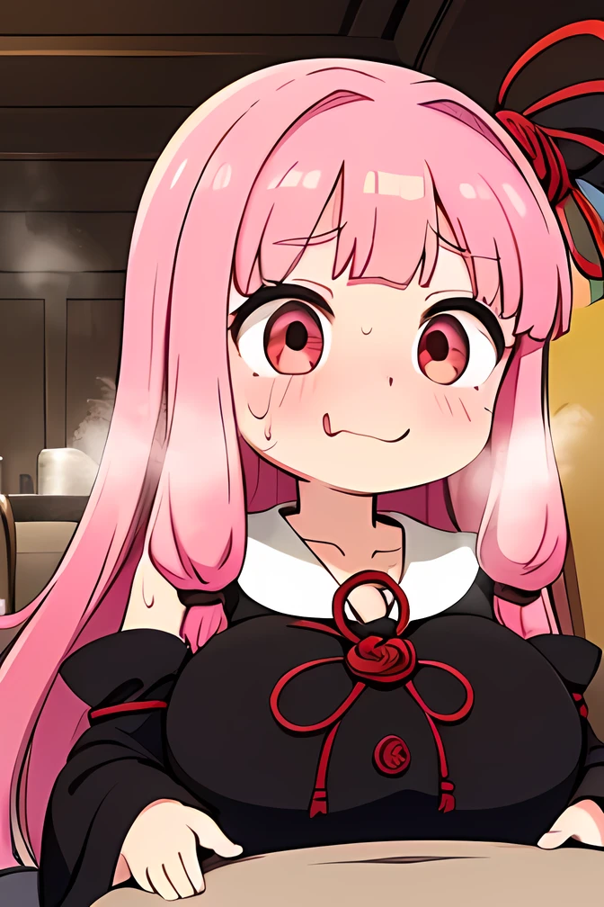 kotonoha akane,(( is puzzling)),Small eyes, Eyeliner,round face,(hair ribbon),pink hair,long hair,((( ecstatic face:1.4))),(((close your mouth:1.5))),( drool),(big breast),(( chubby)) ,((black dress)), detached sleeves, wide sleeves, bare shoulders ,(sweat ),((( excited ))),(((I'm so happy that I shiver:1.4))),(((steam:1.3))),((( red cheeks))),((Many drops of sweat)), indoor, living room ,(upper body ),((( Focus on Women ))),