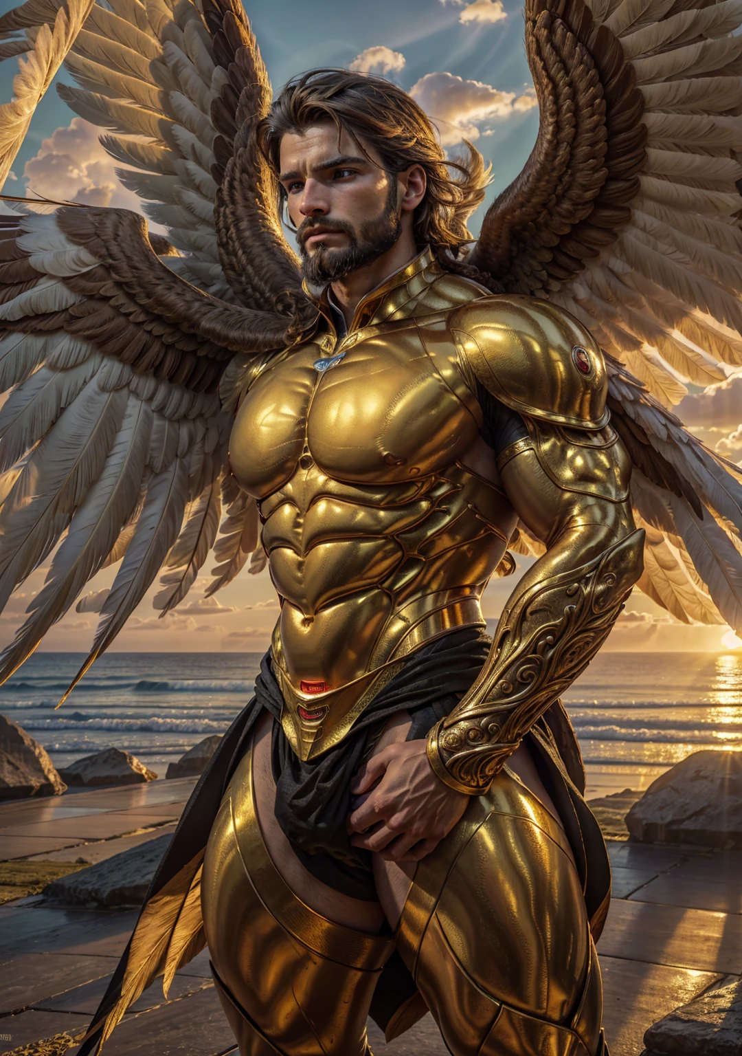 super high resolution, best quality, photo, 4k, (photorealistic: 1.4), cinematic lighting, handsome blonde ukrainian bodybuilder boy,  blue eyes, full naked male angel with large translucent wings, expose the penis, huge penis, errected, shirtless naked muscular man, abdominal muscles dressed in medieval gold armor, detailed feathers, men angel with large translucent wings, muscular , he is holding agolden sword , abdominal muscles clad in medieval gold armor, detailed feathers, on the beach background( huge boat behinde), night time , big shinning moon, contrasts, smooth skin, soft hands, correct anatomy, five fingers. focus on the penis, big ass