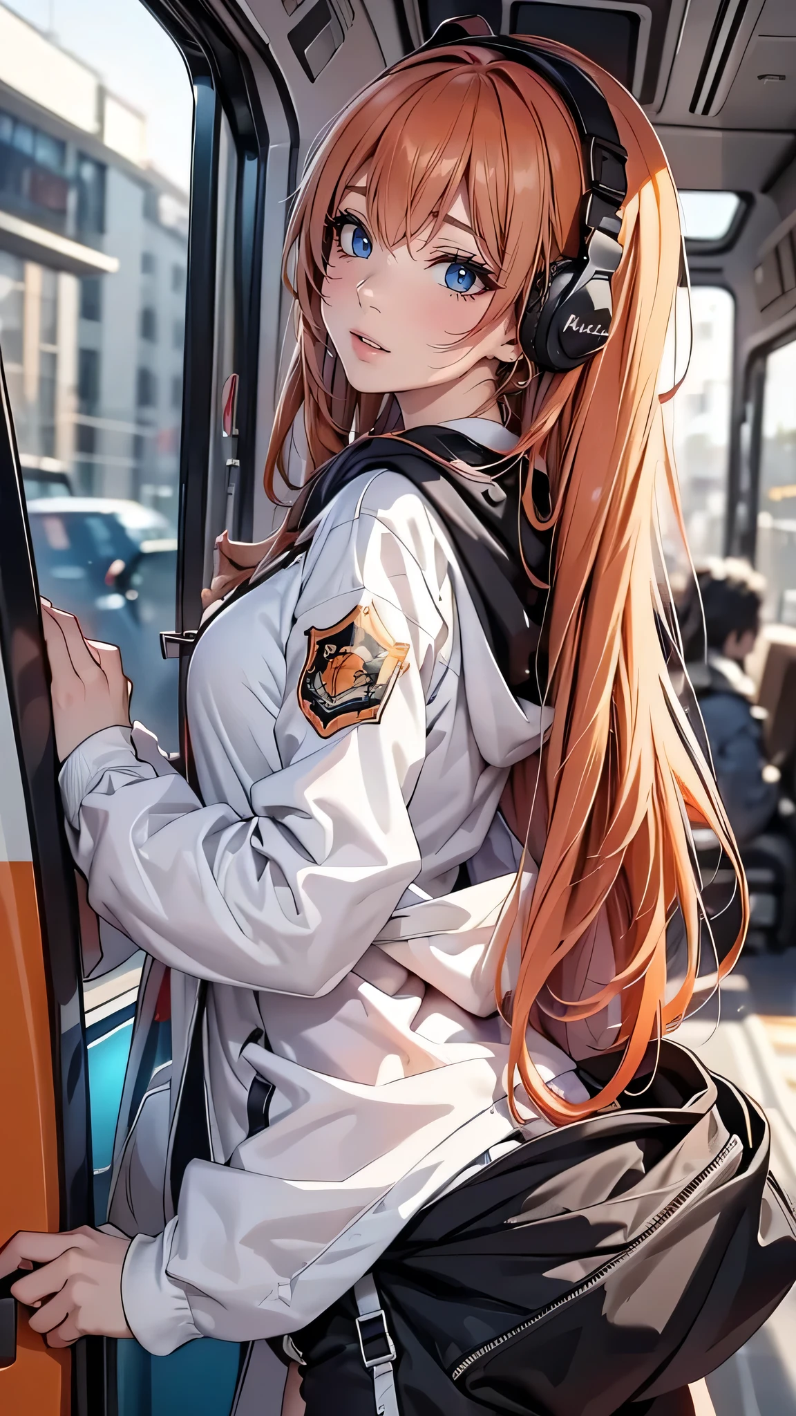 (masuter piece、side lights、 ultra-detailed、inely detailed beautiful eyes: 1.2)、1girl in、bags、buliding、from side、headphones、hoods、hood down、hooded jacket、parka、jaket、Long、orange color hair、redhair、solo、train、inside of a car、The upper part of the body、masterpiece、top-quality