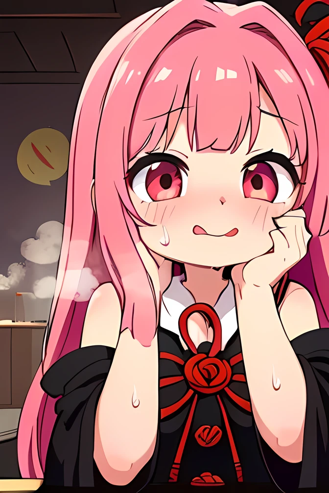 kotonoha akane,(( is puzzling)),Small eyes, Eyeliner,round face,(hair ribbon),pink hair,long hair,((( ecstatic face:1.4))),(((close your mouth:1.5))),( drool),(big breast),(( chubby)) ,((black dress)), detached sleeves, wide sleeves, bare shoulders ,(sweat ),((( excited ))),(((I'm so happy that I shiver:1.4))),(((steam:1.3))),((( red cheeks))),((Many drops of sweat)),(((Put your hand on your cheek:1.5))), indoor, living room ,(upper body ),((( Focus on Women ))),