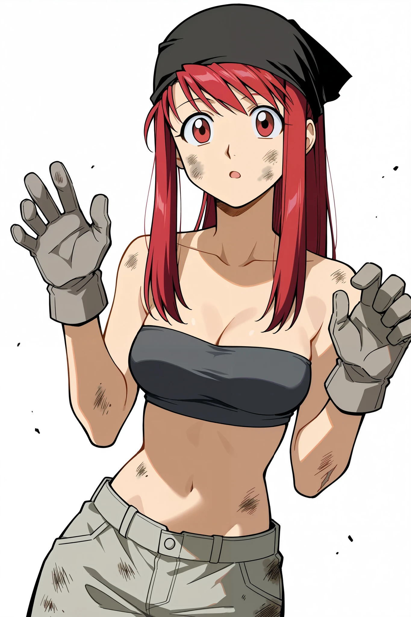 winry rockbell, winry rockbell, (red eyes), (red hair),
gloves, navel, cleavage, bare shoulders, collarbone, midriff, simple gray pants, stomach, bare arms, strapless, black bandana, (gray tube top), grey gloves, dirty, dirty clothes, dirty face, ok pose,
dutch angle, cowboy shot,(( white background)),upper body, full body in view